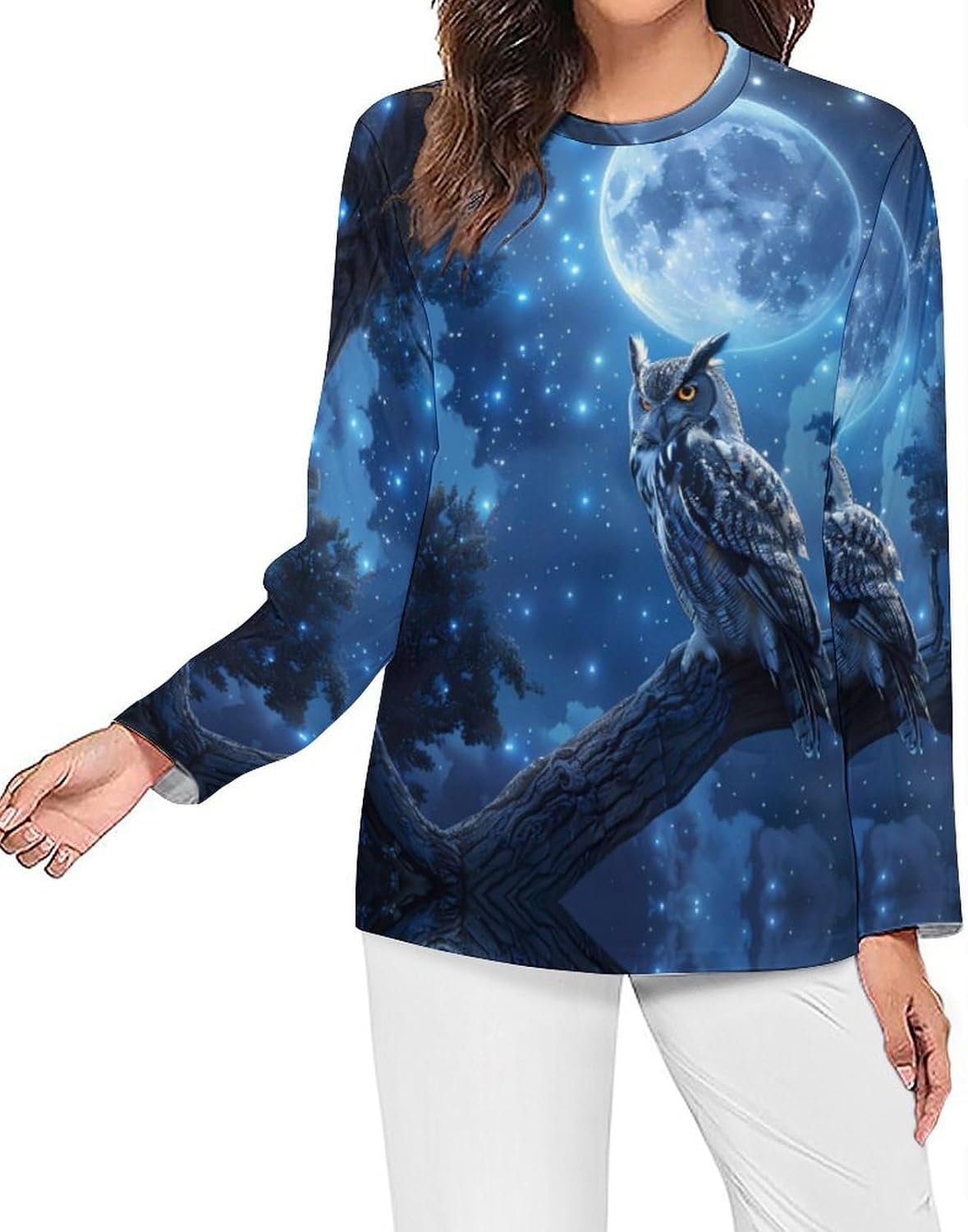 Owl Under Full Moon Women's Pajama Top Sleepwear Pajamas Sleep T-Shirt Long Sleeve Shirt Crewneck Tee
