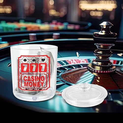 Miniatura 6 de Tarro de dinero de casino, ranuras para regalo, decoración de fiesta temática de 4.7 x 4.7 x 6.3 pulgadas, alcancías acrílicas con una calcomanía,