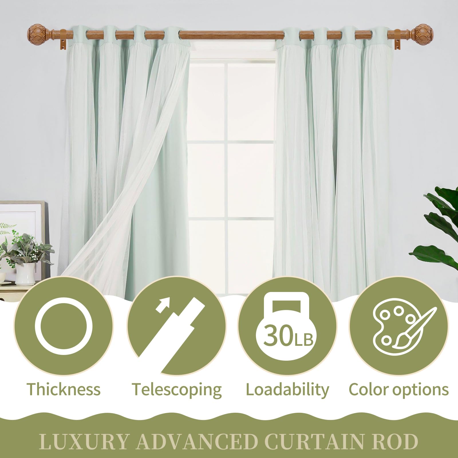 TANGWIN Adjustable Window Curtain Rods 28-48 Inch with 1 Inch Diameter Wood Effect Textured Net Finials Single Curtain Rods 18-45 Inch Brown Wood - Image 4