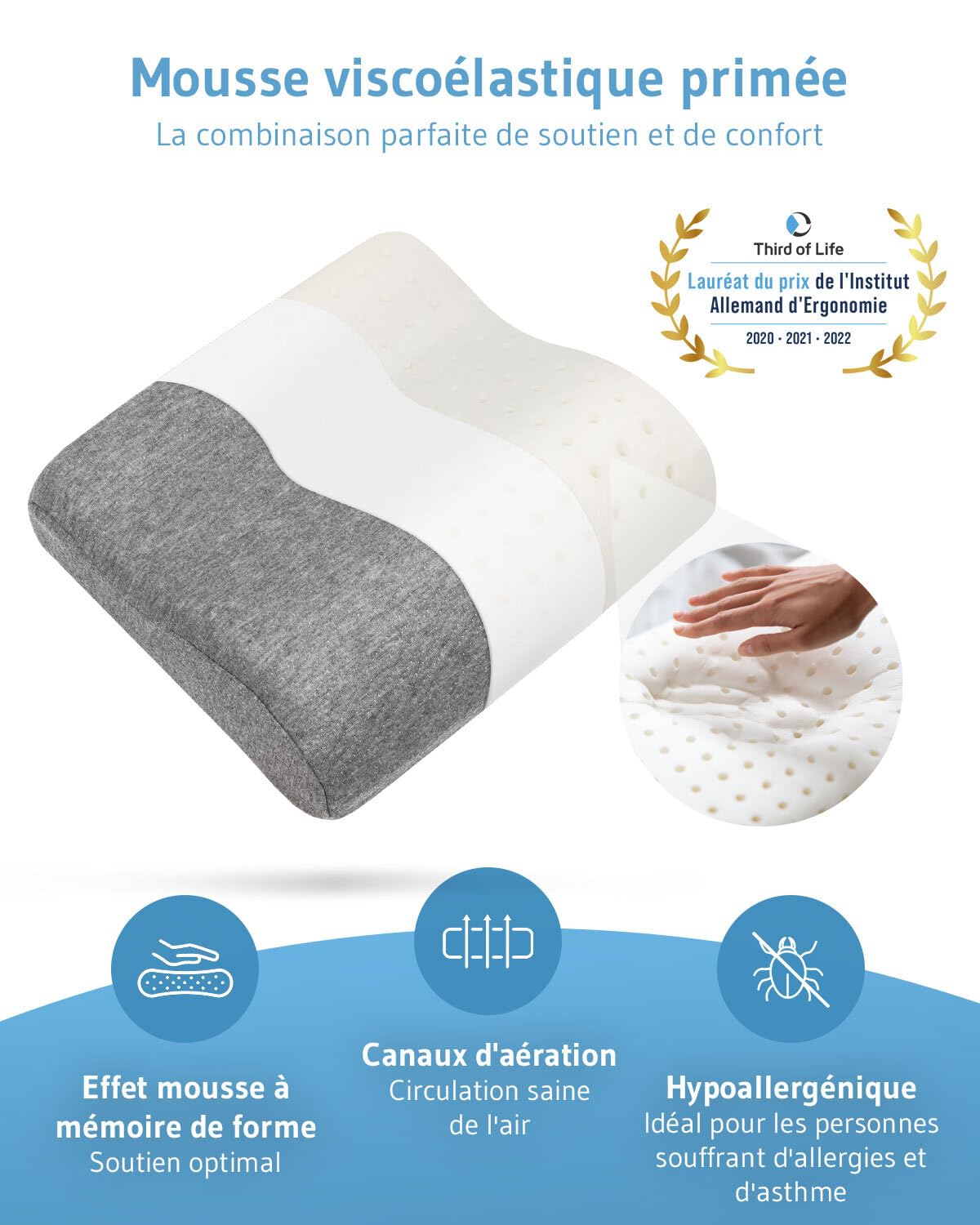 Third of Life Coussin de Voyage Onda, Oreiller Cervical Ergonomique Contre Les douleurs de Cou, Oreiller en Mousse à mémoire de Forme pour Enfants et Adultes. Petit Coussin Avion et Voiture