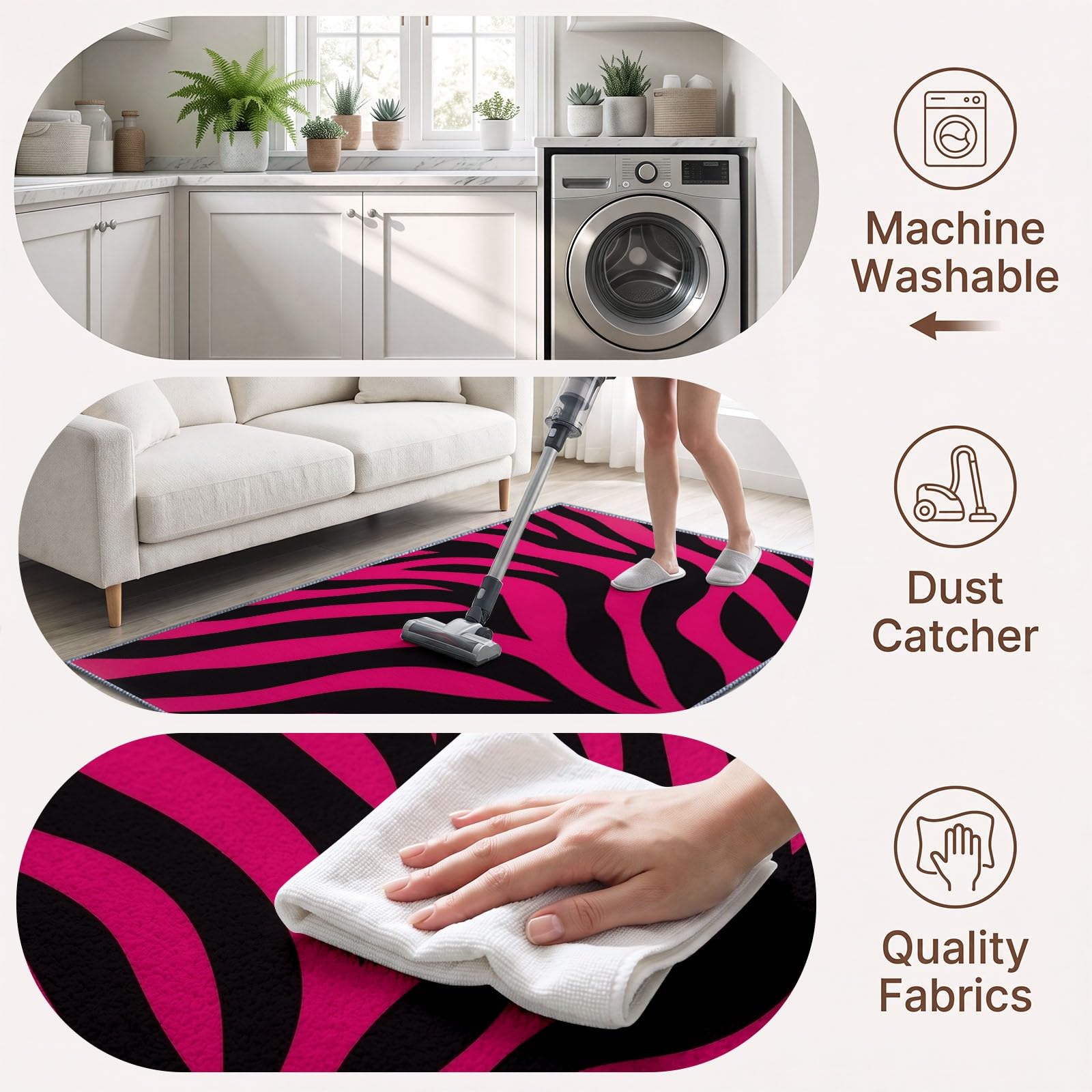 Tapis de Salon Imprimé Animal 120 x 170 cm, Texture Zèbre Rose Noir Tapis Poils Courts Lavable Moderne, Décoratif Antidérapant et Doux pour Salon Chambre et Bureau
