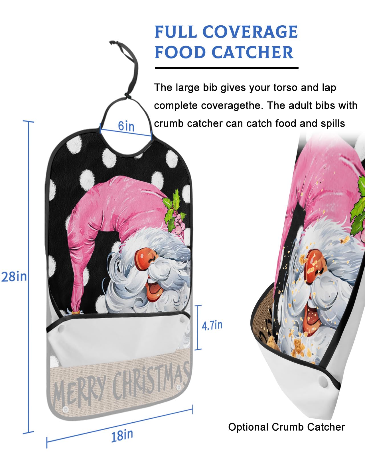 Merry Christmas Adult Bibs for Eating, Waterproof Bibs with Food Catcher & Adjustable Snap Closure, Pink Xmas Gnomes White Polka Dots Black Clothing Protectors Adult Bibs for Elderly Women/Men