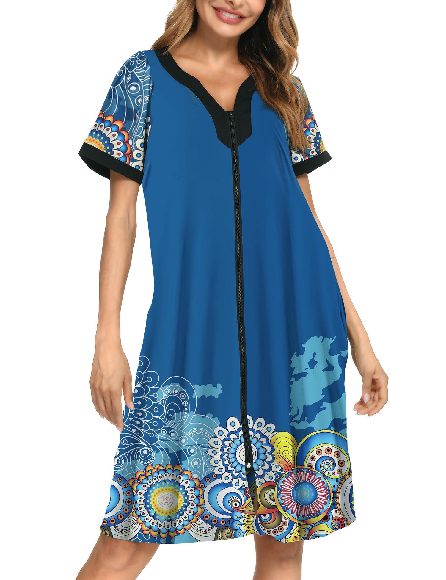 BloggerloveHouse Dresses for Womens Robe Long Zip Up House Coat Half Sleeve Night Gowns Comfy Sleepwear Print Loungewear