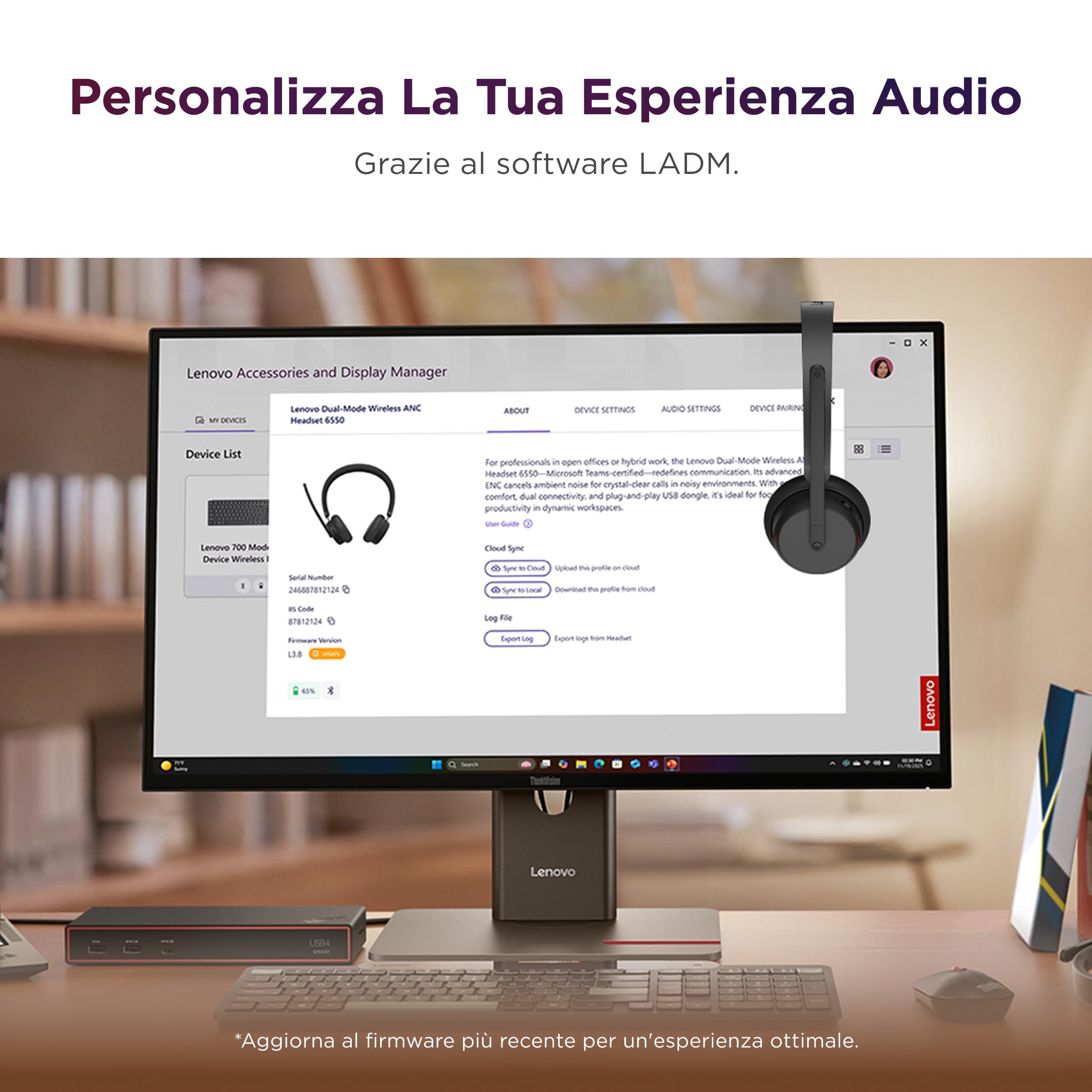 Lenovo Dual-Mode Wireless ANC Headset 6550 per Teams, cuffie wireless Bluetooth 5.3 con ANC ibrida ed ENC AI, ricevitore USB-C, 360° busy light, autonomia fino a 60h