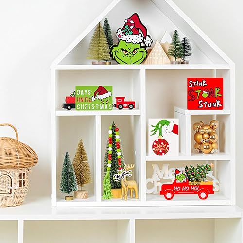 Miniatura 3 de Grinch - Decoración de bandeja escalonada de Navidad, 6 piezas de decoración de bandeja escalonada de Navidad, letreros de madera de Navidad para