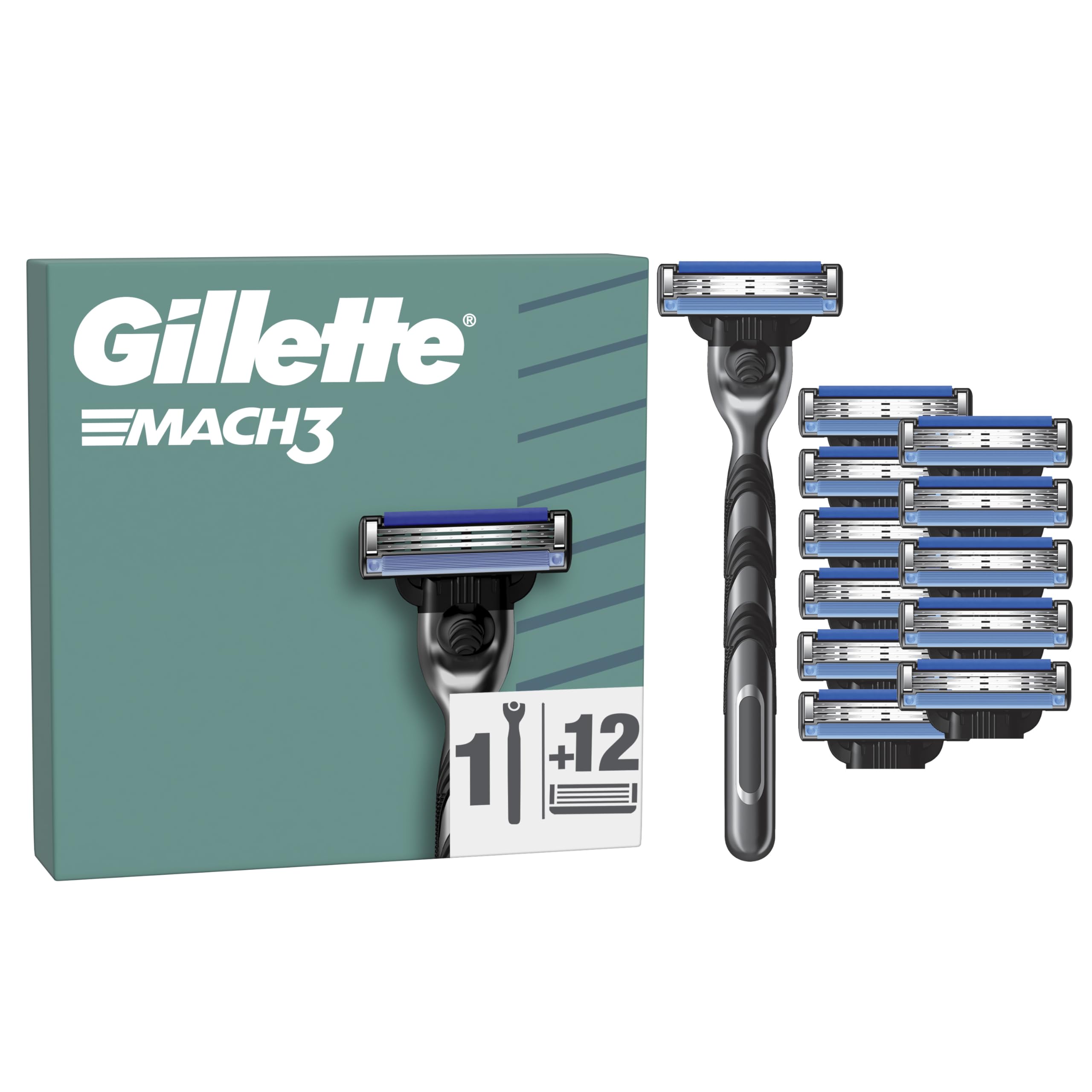 Gillette Mach3 Base Maquinilla De Afeitar Para Hombre Con Recambios, 1 Mango, 12 Cuchillas De Recambio Con 3 Hojas y Banda De Gel Lubricante Para Un Afeitado Suave