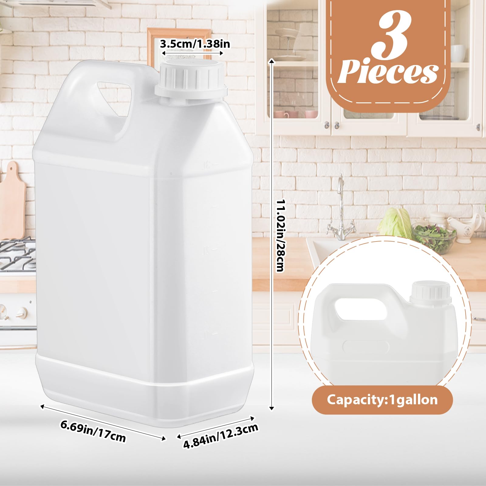 Ziliny 3 recipientes de plástico de 1 galón con asa y tapa, recipientes cuadrados de polietileno de alta densidad para almacenamiento de agua líquida, hogar, restaurante, uso comercial residencial