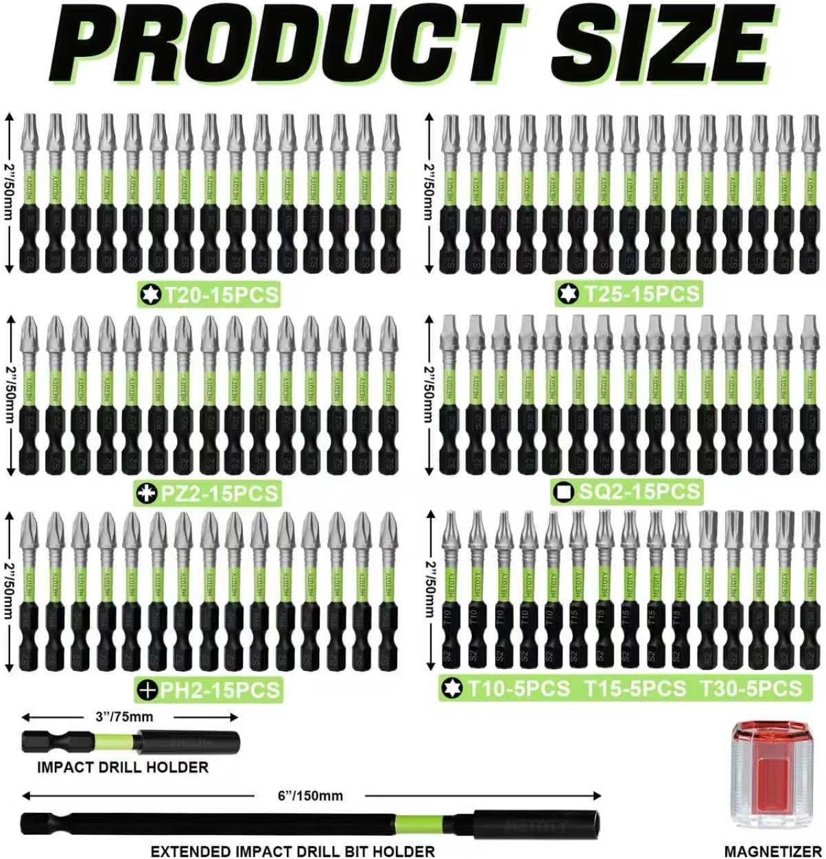 Magnetic Screwdriver Bit Set, 93-Piece Impact Ready S2 Steel Driver Bits with Magnetizer, Extension Bars, for Automotive, Repair & DIY Projects (PH/PZ/SQ/T/Torx) - Image 2