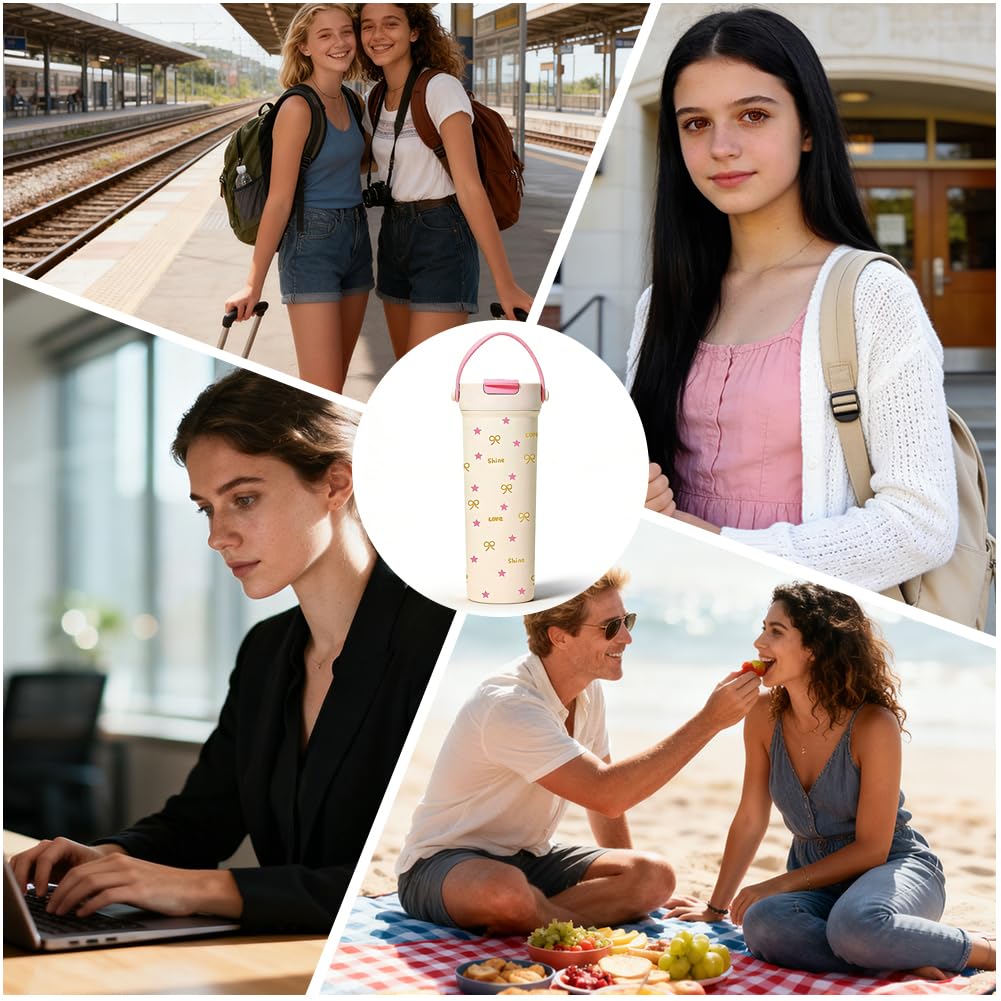 Pink Stainless Steel Straw Lid Tumbler 20oz with Bow Tie & Star Print - Image 7