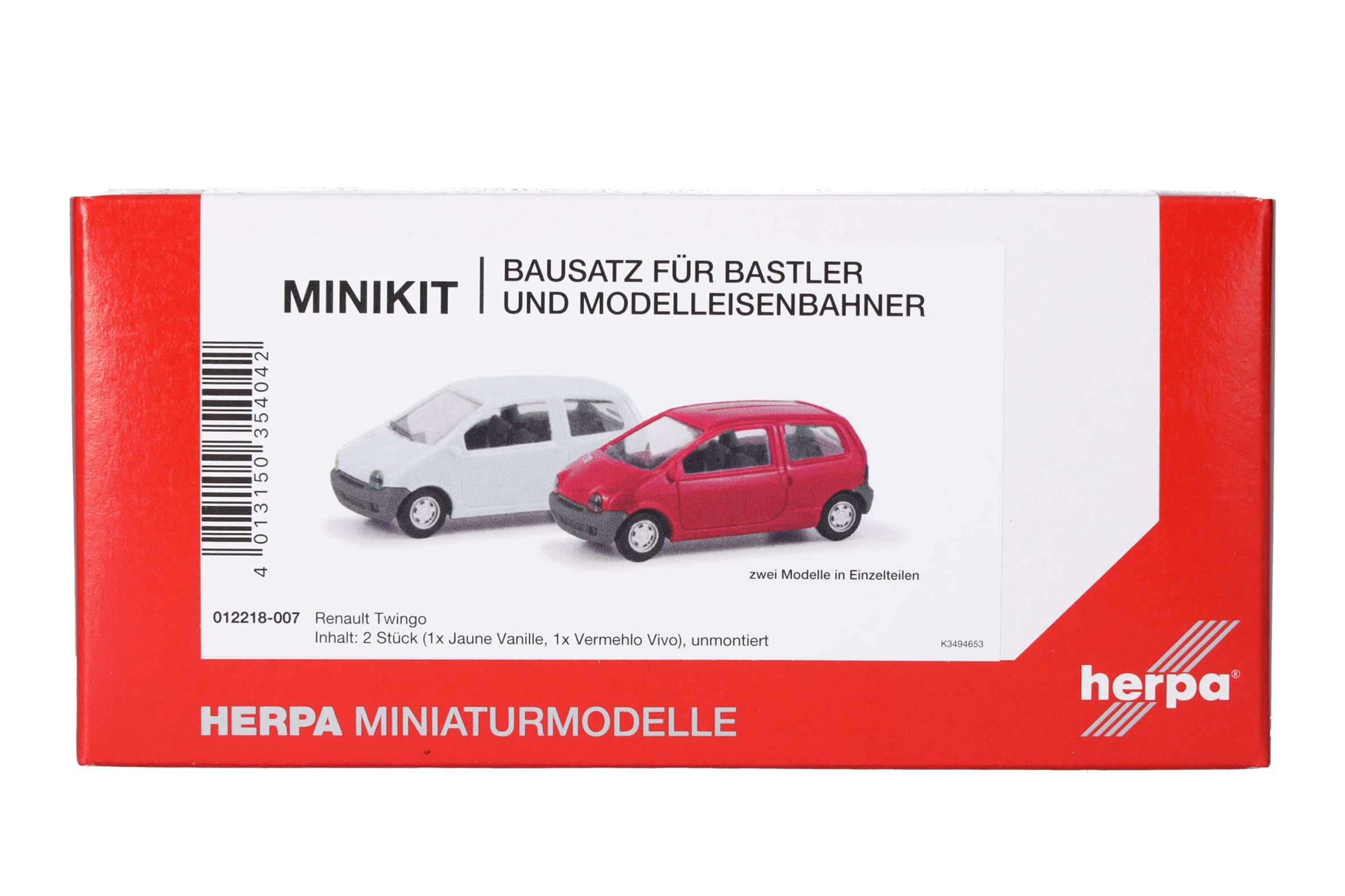 Herpa MiniKit Renault Twingo Set of 2 Vermehlo Vivo/Jaune Vanilla, Miniature Scale 1:87, Collectable Kit, Plastic