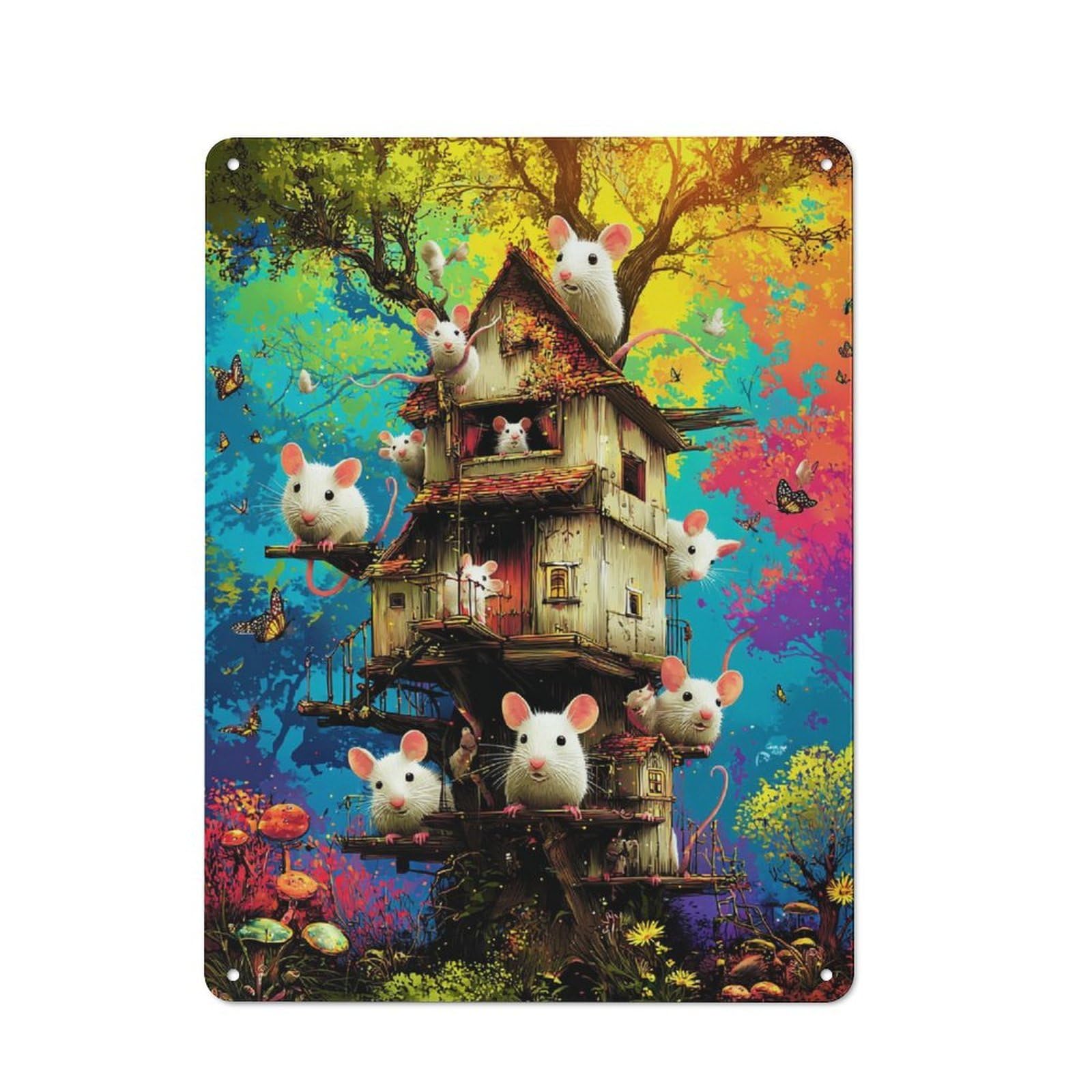 Junmoney Whimsical Treehouse Mice Fantasy Smart Metal Wall Decor 40X30cm, Office Metal Sign For Office, Study, Studio Or Hallway
