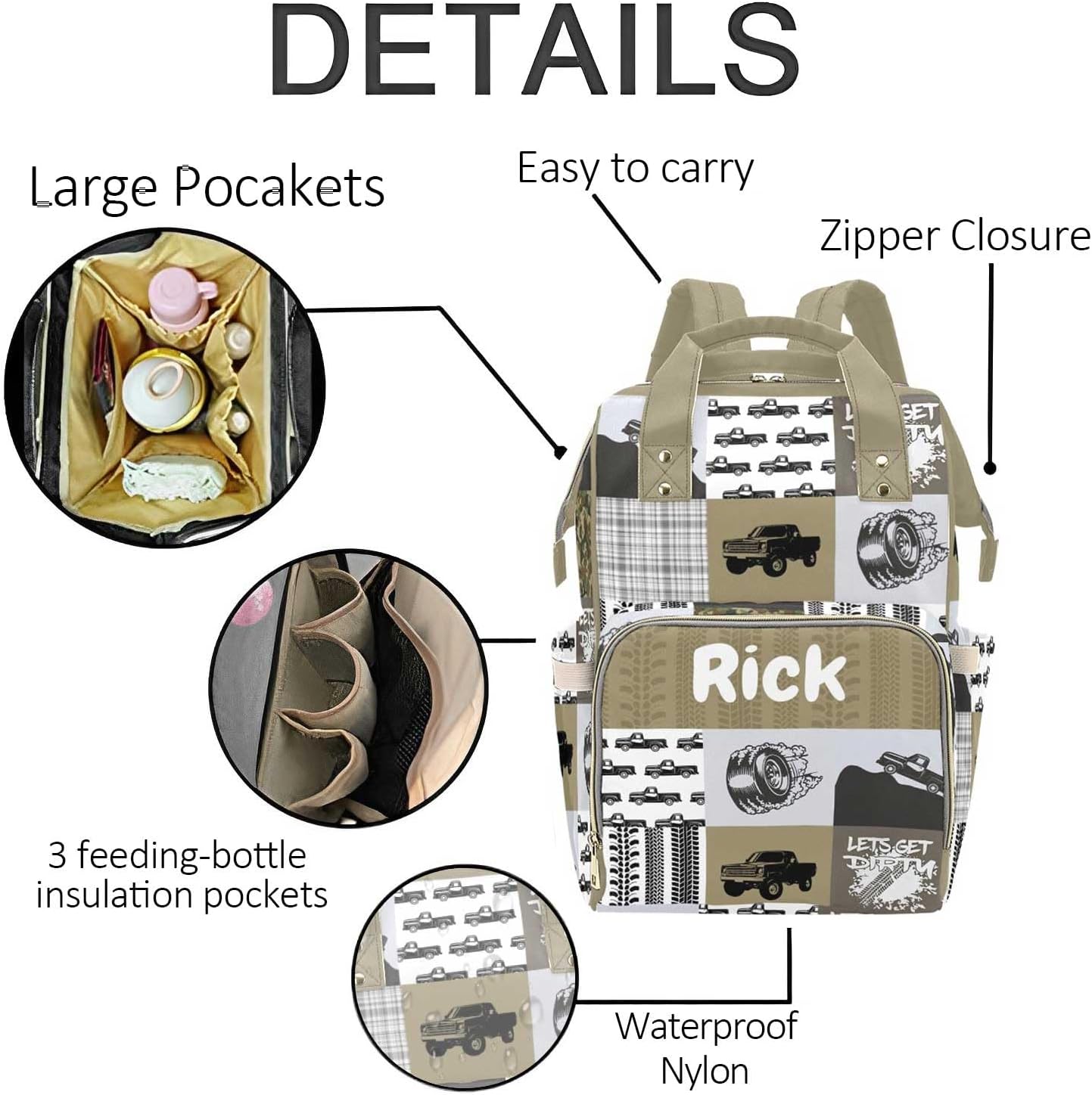 Personalized Truck Diaper Bag Backpack for Baby Boys, Customized Name Nursing Mommy Daypack, Large Capacity Diaper Backpack Travel Bags, New Mom Gifts