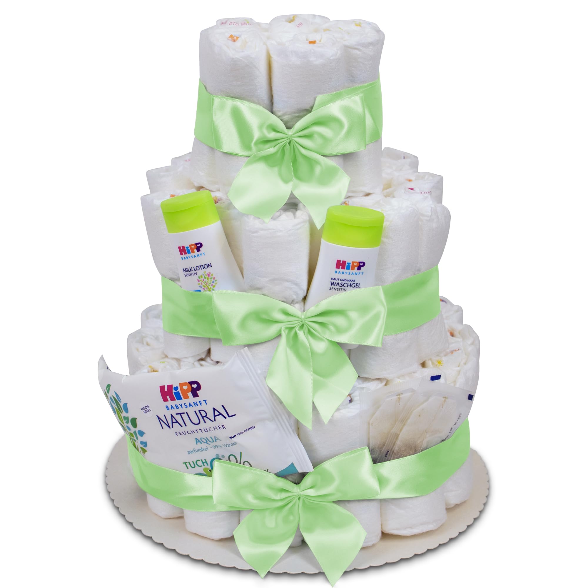MilaBoo® 3-stöckige Windeltorte neutral mit Premiumprodukten von I Besonderes Geschenk zur Geburt (3-stöckig grün)
