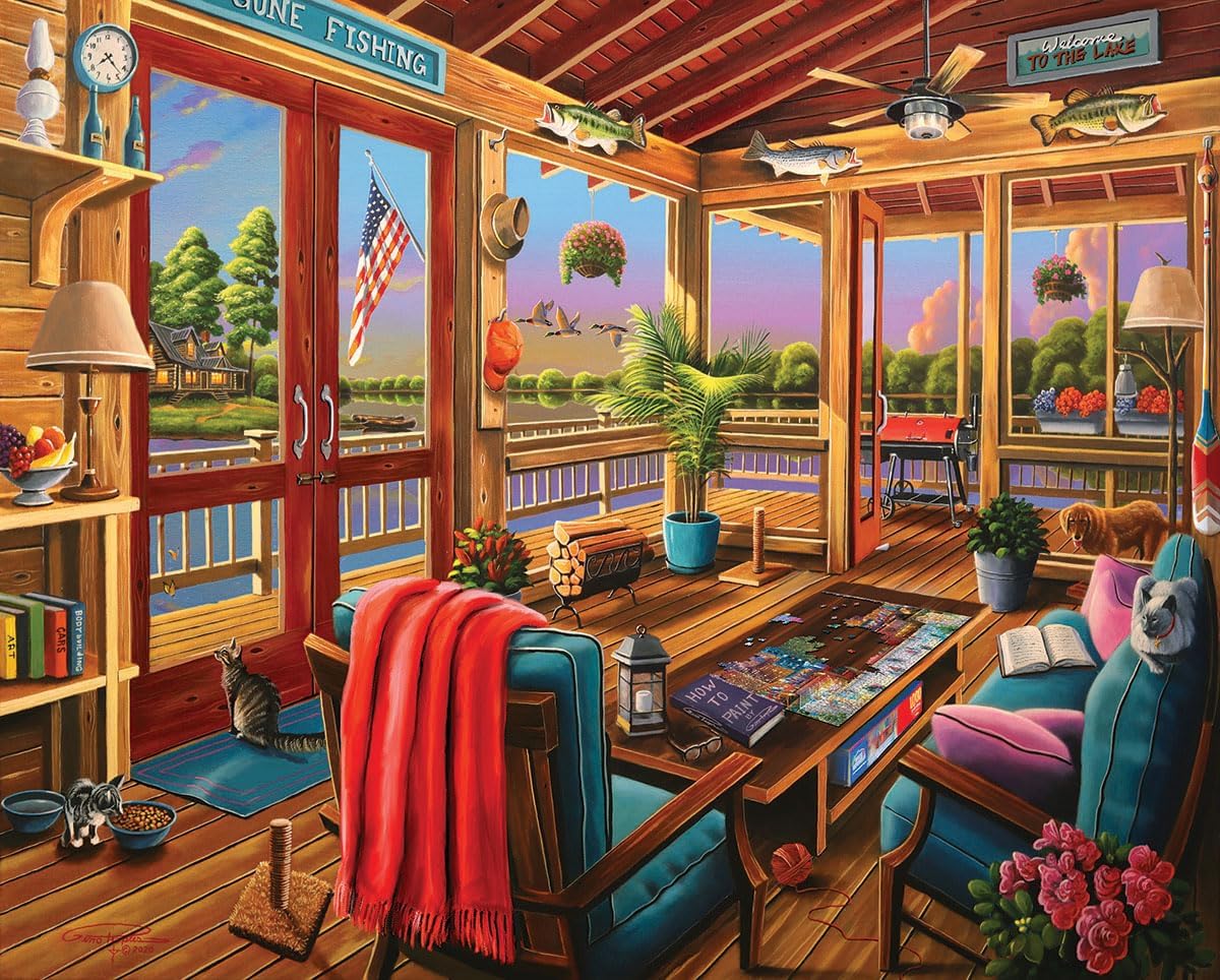 White Mountain 1000 Piece Jigsaw Puzzle Cozy Cabin Summer Puzzles with Large Pieces for Adults and Family 24"x30" - Welcome to The Lake