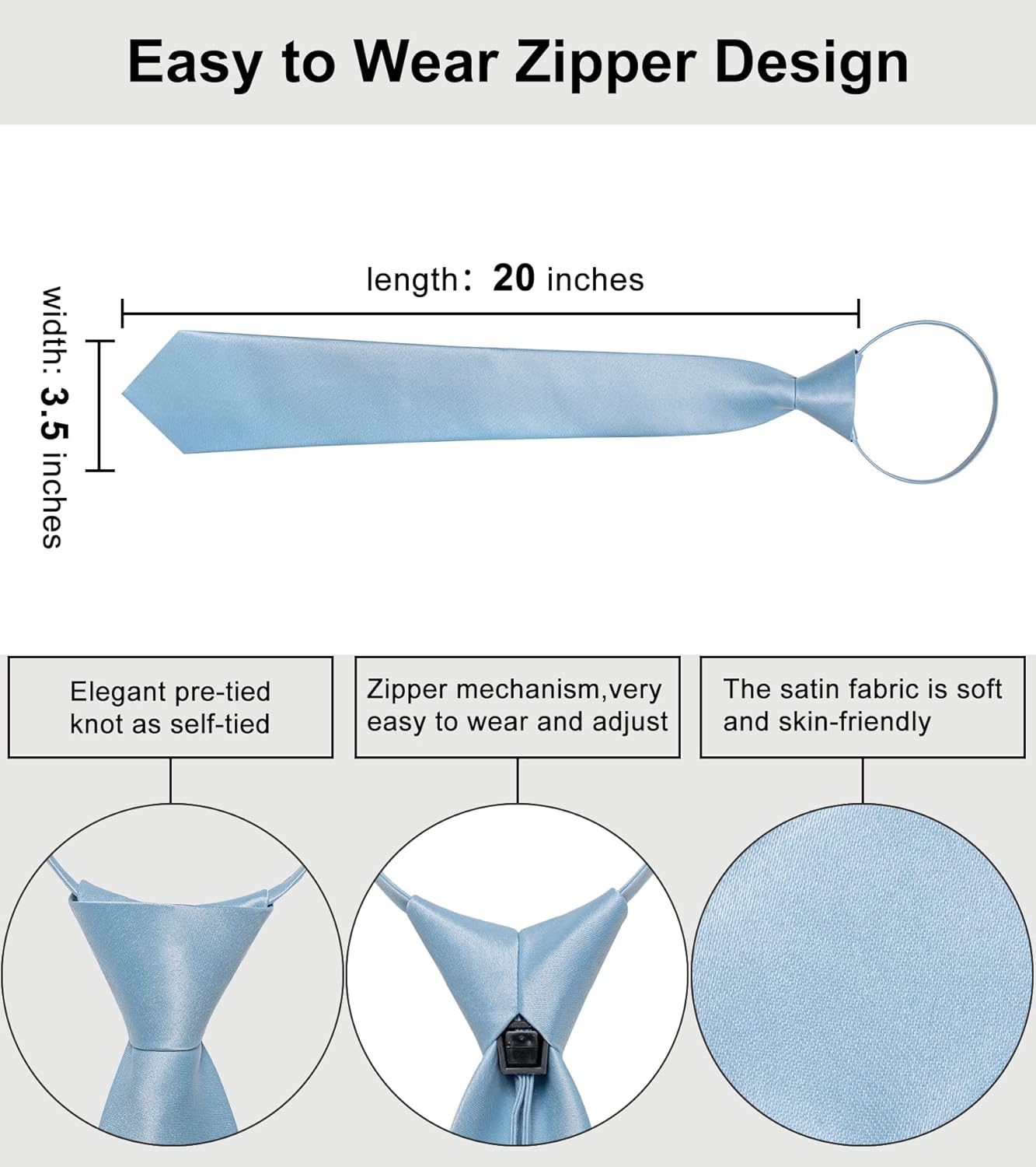 Zipper Tie for Men Adjustable Pre-tied Satin Neckties and Pocket Square Set Solid Color Business Formal Wedding - Image 3