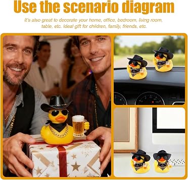Premium Rubber Duck Car Ornaments, Yellow Ducky in Western Cowboy Style with Hat & Glasses, Car Dashboard Accessories, Great Office Gifts & Cowboy Gifts