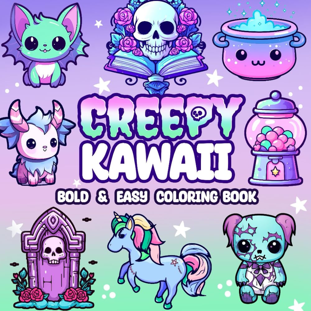 Creepy Kawaii Bold And Easy Coloring Book: Cute and Spooky Pastel Goth Simple Coloring Pages for Adults and Teens