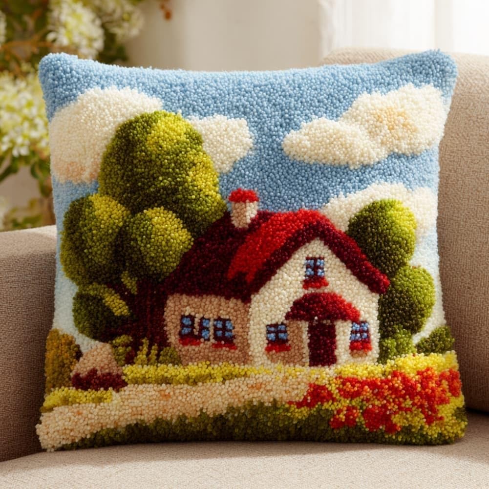 Taxpy DIY Latch Hook Pillow Kit Pre-Printed Hook and Latch Rug Kits Houses 17X17 Inch.Cross-Stitch Embroidery Cushion Cover for Home Sofa Decoration