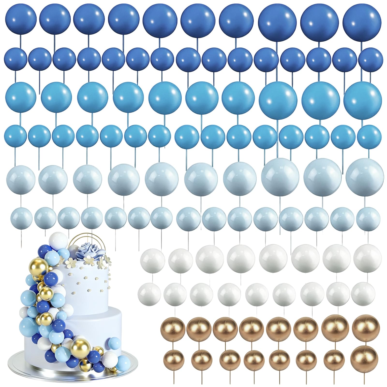 TENGWA 108 PCS Ball Cake Toppers Cake Balls Decoration Ballon Cupcake Topper for Birthday Party Wedding Christmas Party Baby Shower (Blue White Gold)