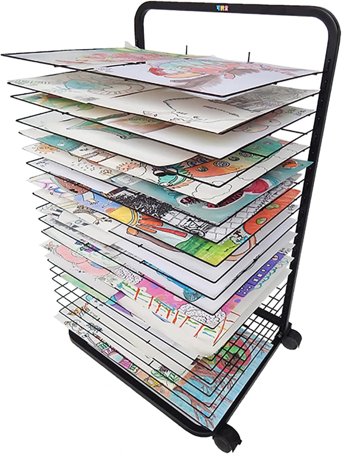 Mobile Art Drying Rack - 20 Layer Metal Wire Organizer for Paintings, Prints & Artwork - Flexible Shelves for Classroom & Studio - Black Powder Coated Finish
