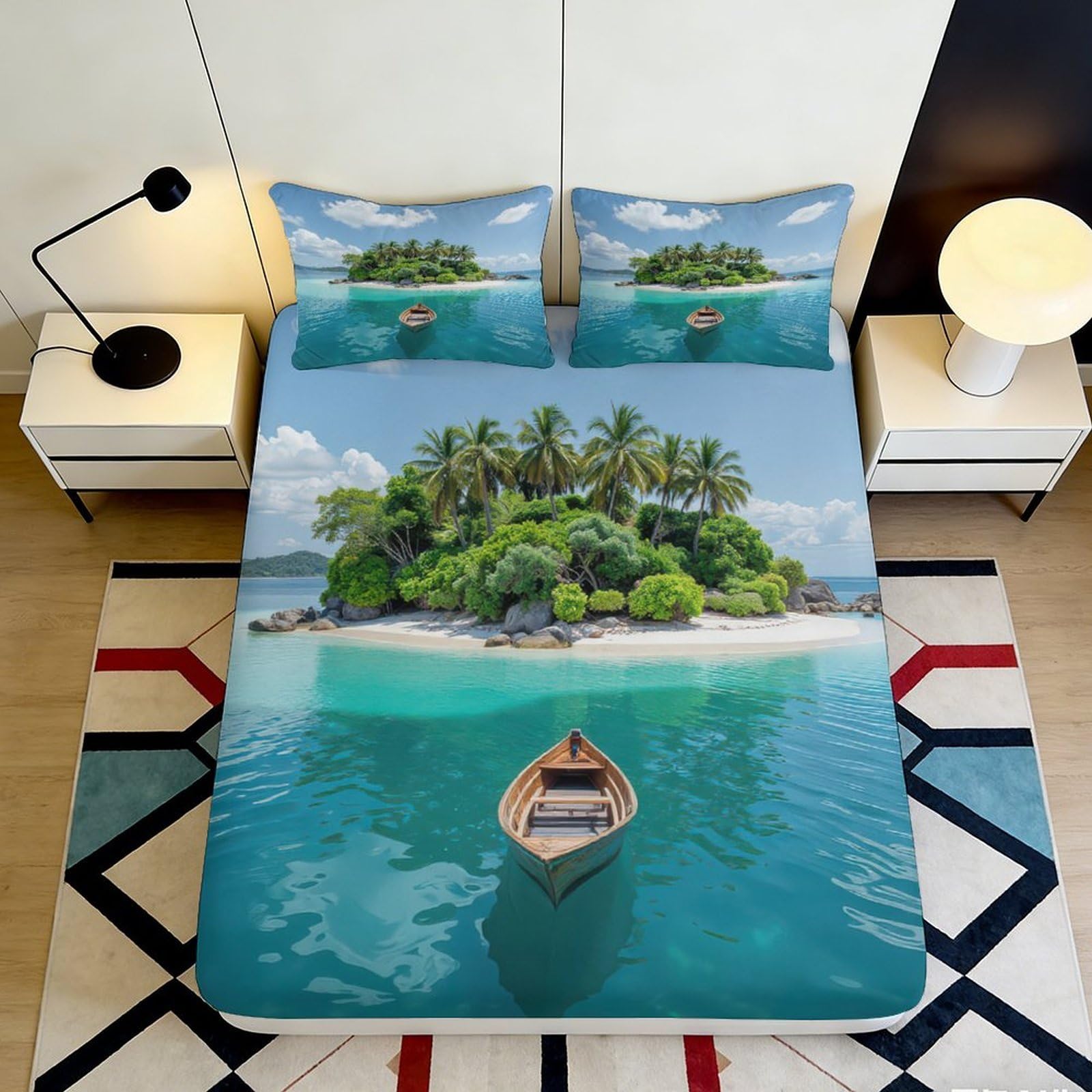 Jqzkxnhpbr Style-7 3D Printed Tropical Island Fitted Sheet Microfiber Soft Blue Ocean Boat Bed Cover For Bedroom Guestroom Decor Protection 90X200x25cm