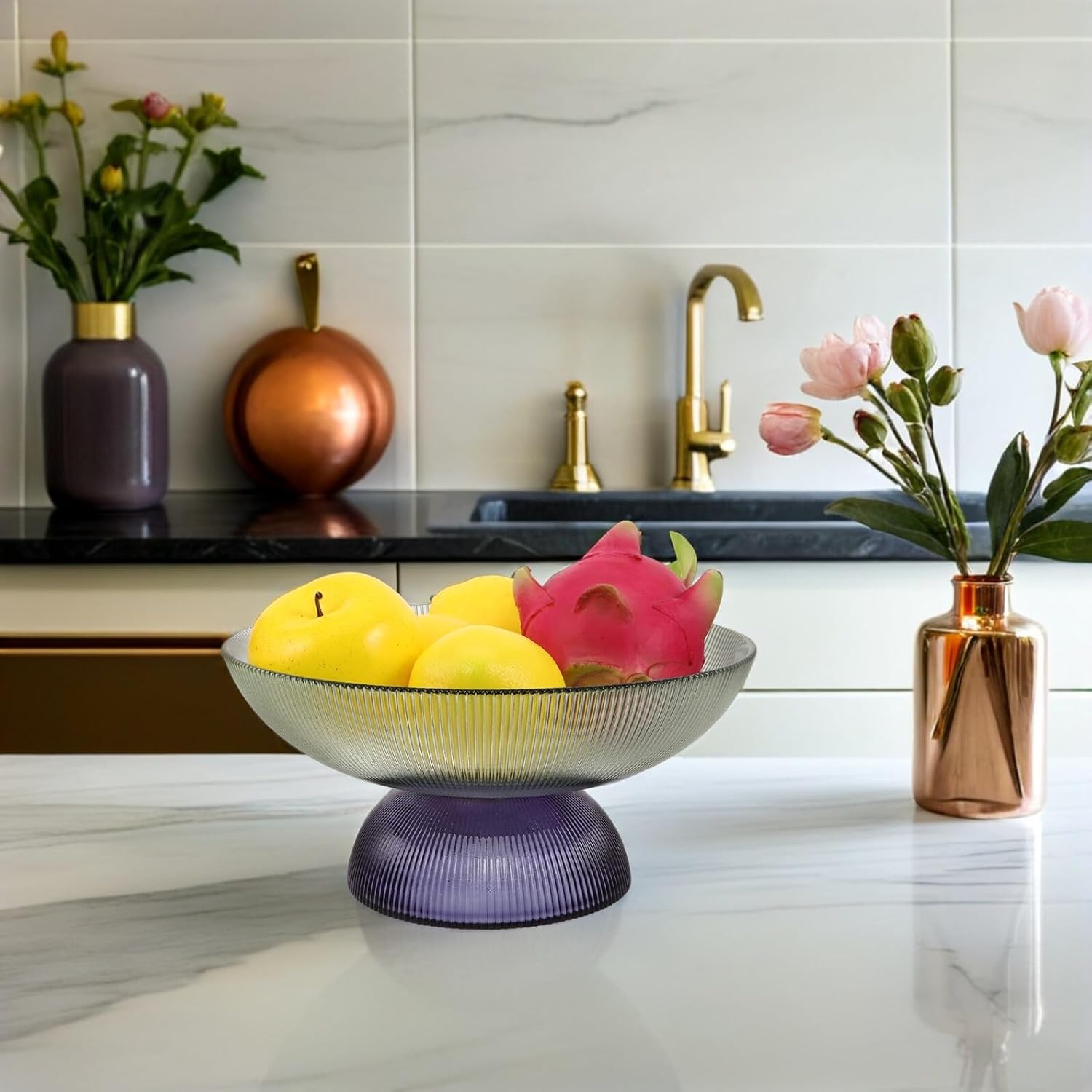 Glass Fruit Bowl with Brass Gold Trim, Footed Vintage Style Serving Platter for Candy and Snacks, Decorative Artistic Fruit Tray for Kitchen and Living Room
