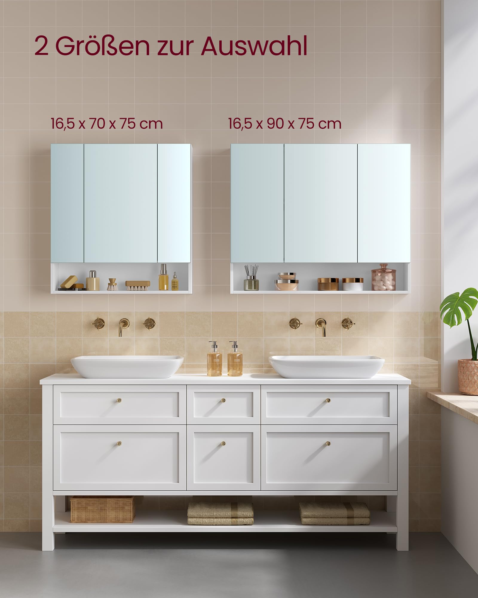VASAGLE Kailyn Kollektion - Badezimmerschrank mit 3 Türen, Spiegelschrank, Badschrank, offenes Fach, verstellbare Ablagen, 16,5 x 70 x 75 cm, wolkenweiß BBK129W01