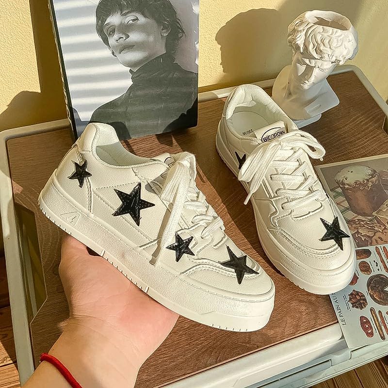 Star Shoes Women's Sneakers White Matte Leather Black Star Accents Non-Slip Rubber Sole Platform US5.5-8