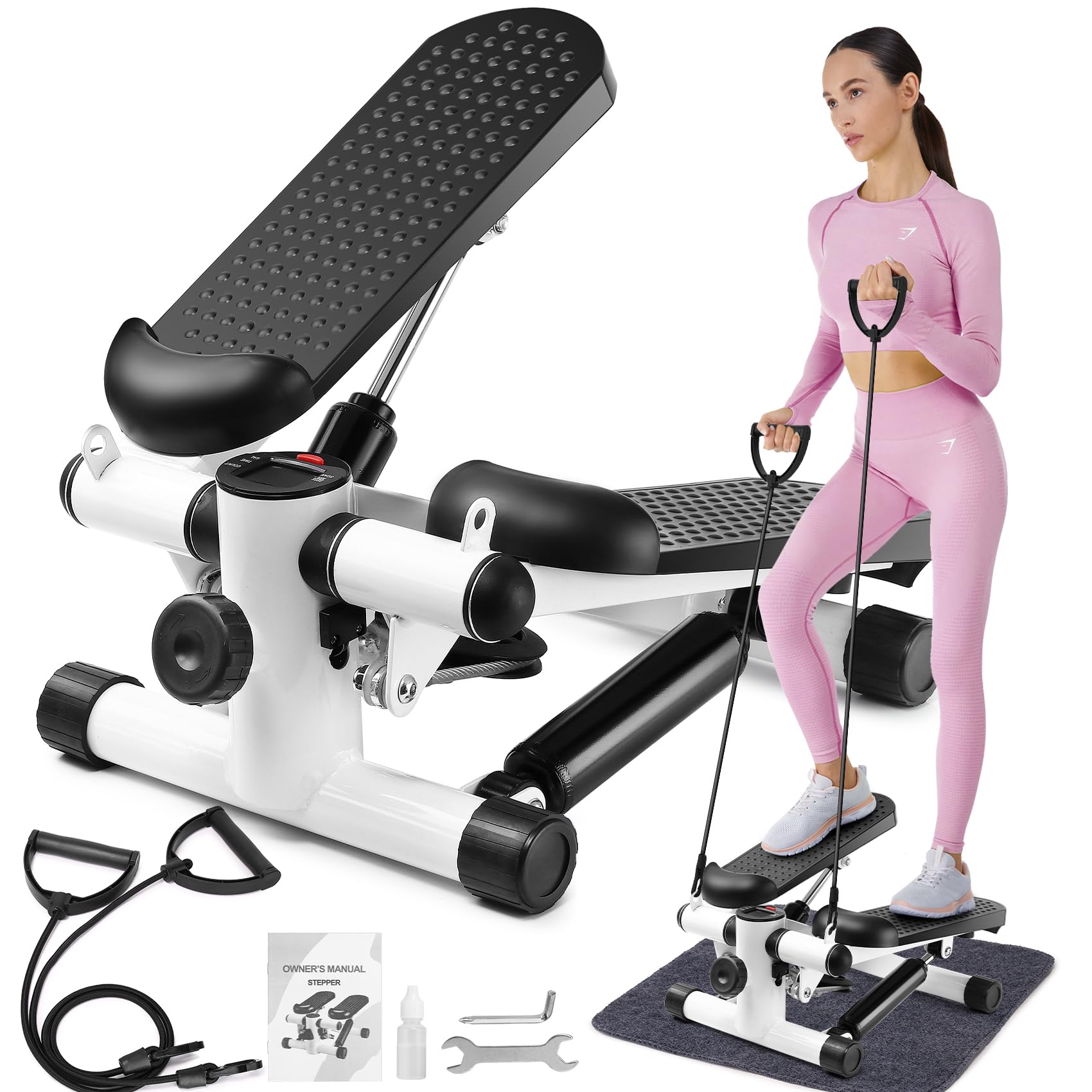 Stepper per esercizi a casa, mini stepper con fasce di resistenza e scaletta portatile, esercizio di modellamento del fitness, carico massimo 120 kg, step per allenamento con monitor LCD