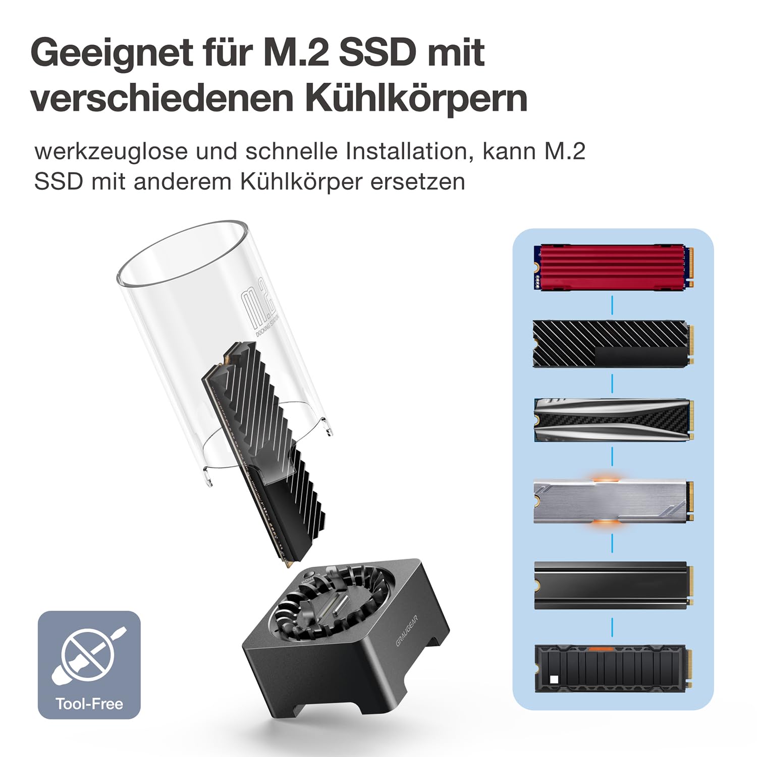 GRAUGEAR M2 SSD Docking Station für alle M.2 NVMe PCIe & NGFF SATA Festplatte [10Gbit/s Dock] USB3.2 Gen2 10Gbps I M.2 Externe Festplatten Dockingstation I SSD Festplatte Extern I Leise Lüfter Kühlung