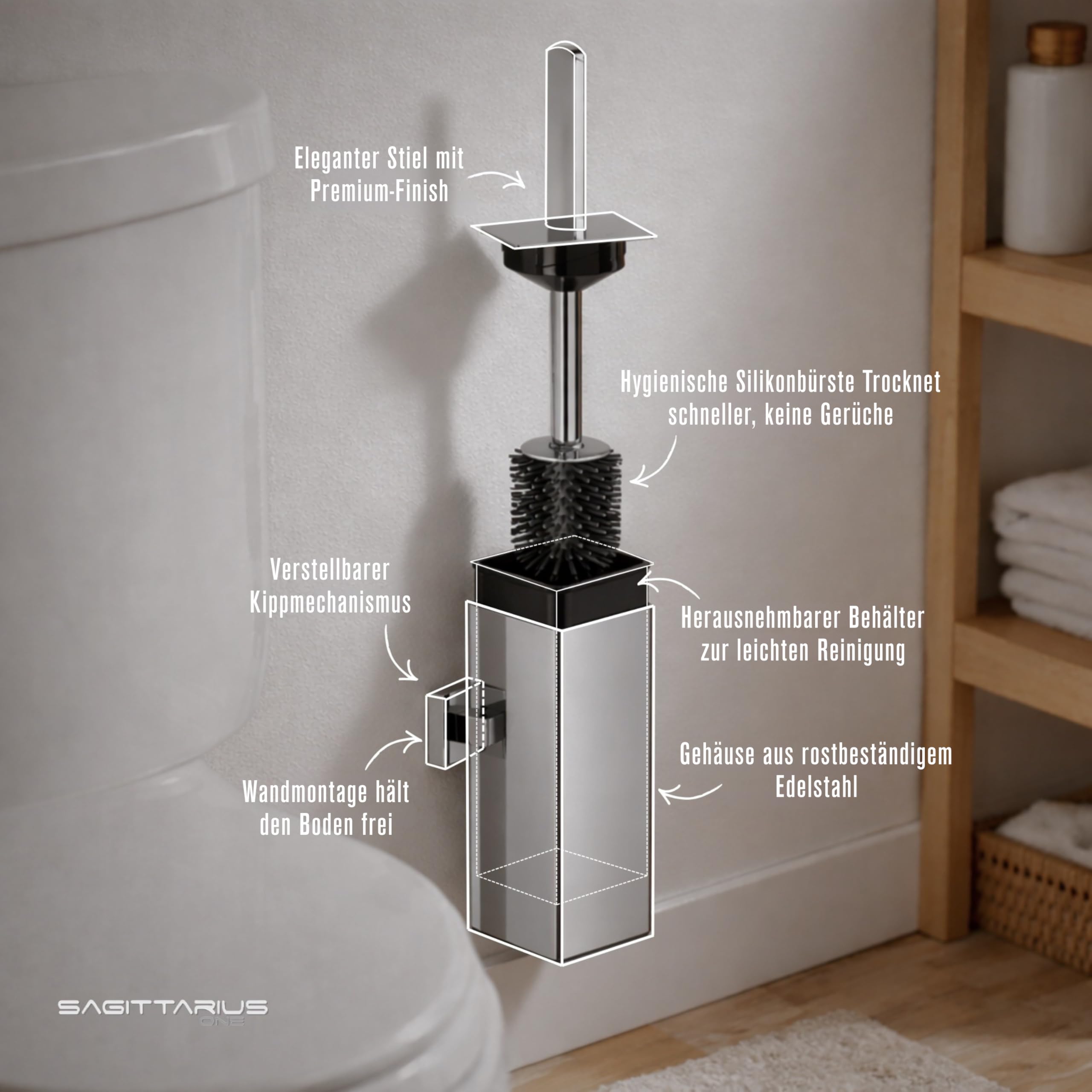 WC-Bürste mit Halter, Edelstahl, Chrom, für das Badezimmer | Edelstahl, toilettenbürste, wc bürste, Badmontage, Wandmontage, für Alltag, kompaktes Format, einfache Nutzung, für Zuhause