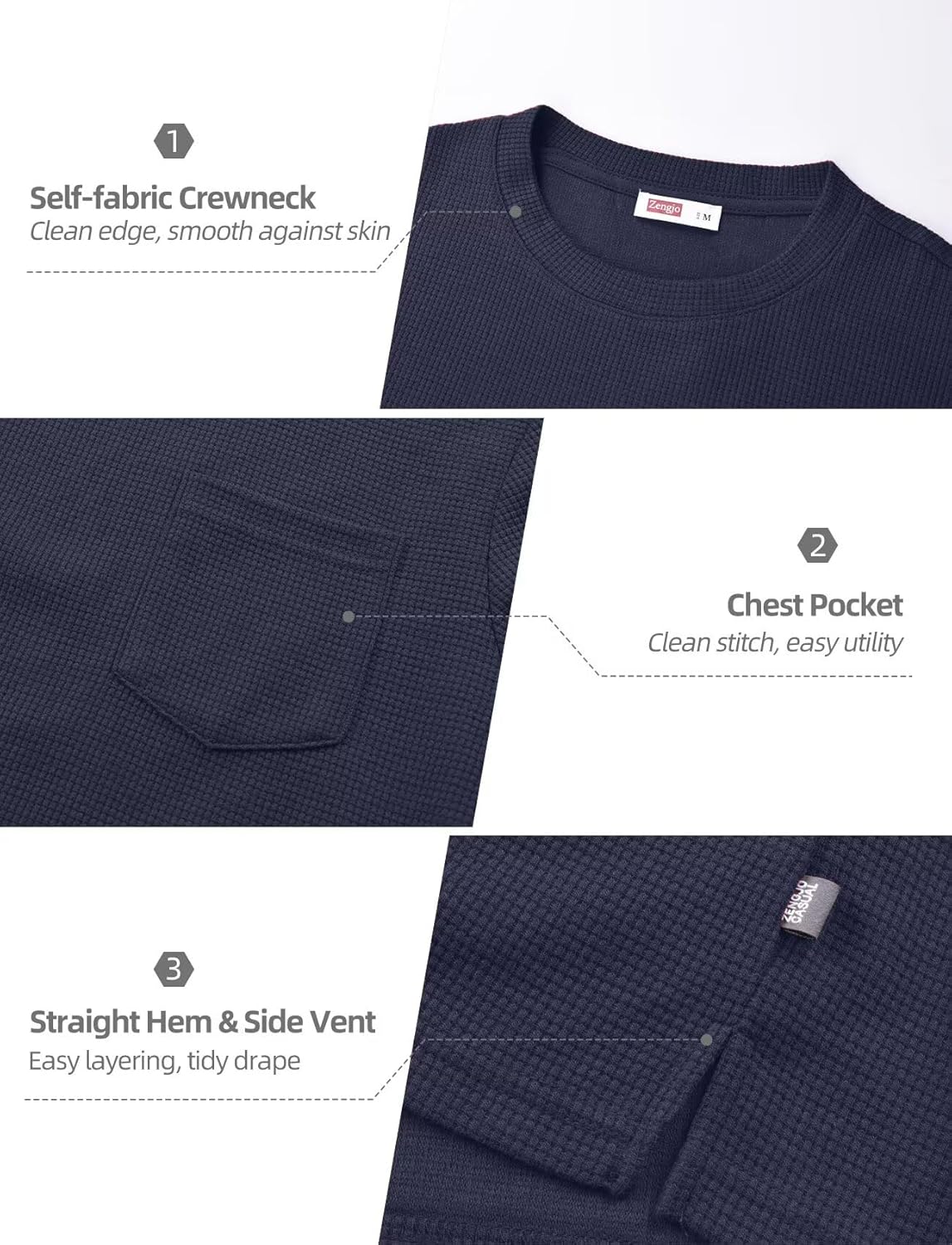 Zengjo Mens Waffle Long Sleeve Shirt Crew Neck Casual Midweight T-Shirt with Pocket Soft Thermal Layering Tees - Image 5