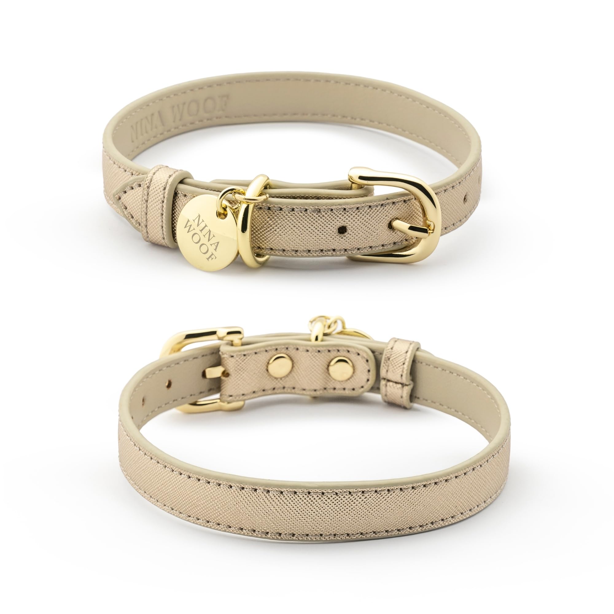 Rio Dog Collar Saffiano Vegan Leather Color Gold Size XS