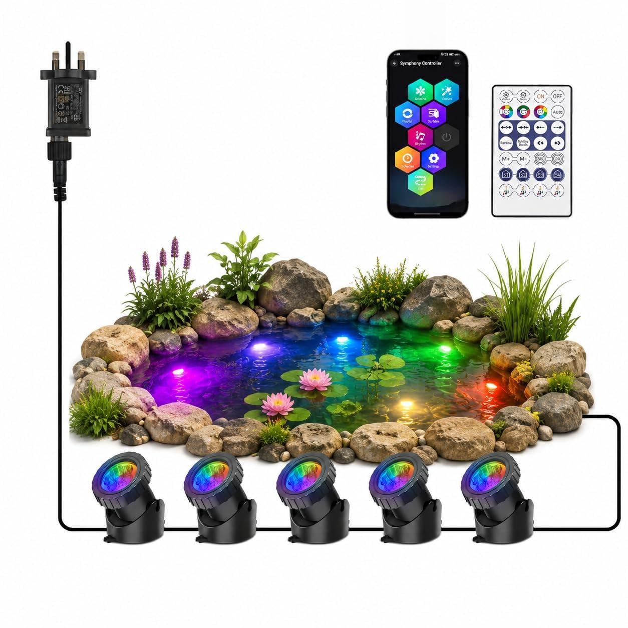 Lumières de bassin alimentées par secteur, 5 en 1 RVB sous-marin avec télécommande, IP68, multicolore, submersible, pour aquarium, jardin, cour, piscine, fontaine.