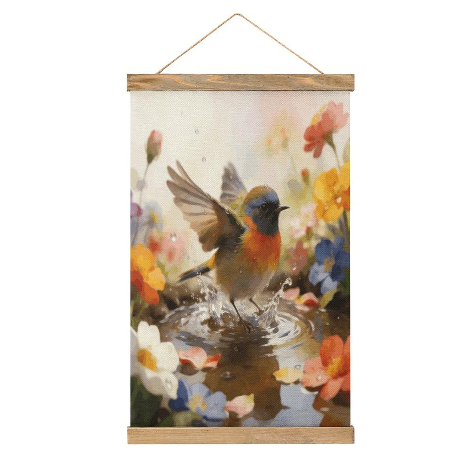 VstaDank Bird Bathing Flowers Hanging Poster with Wooden Frame Modern Linen Hanging Painting Retro Style Wall Decor Art Painting for Living Room,Bedroom Decor Poster Frame 20.4x13.1inch