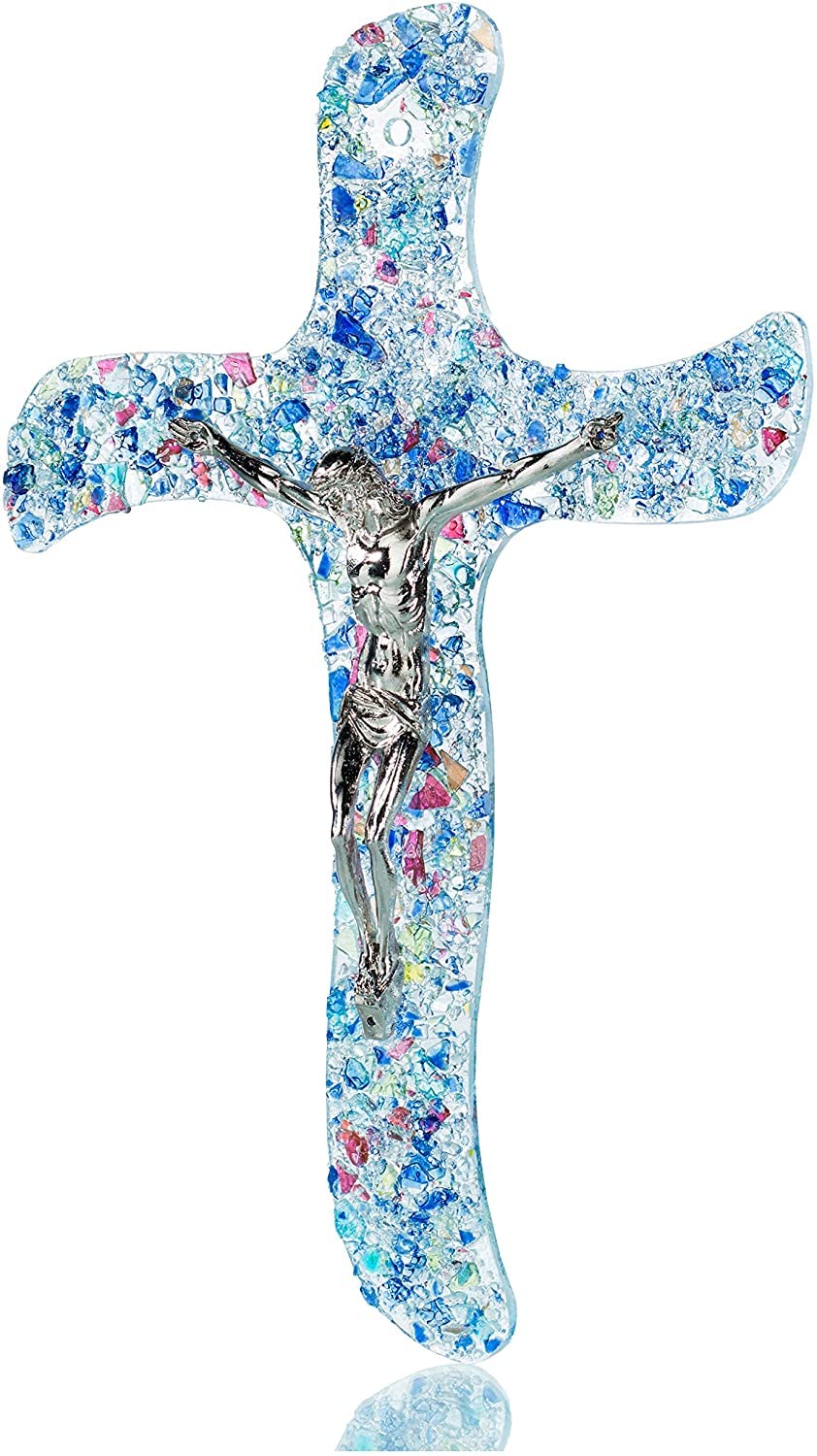Sospiri Venezia Crucifix in Murano Glass Decorated Religious Wall Cross Objects Venice Gift Idea Made in Italy (cm17x26)