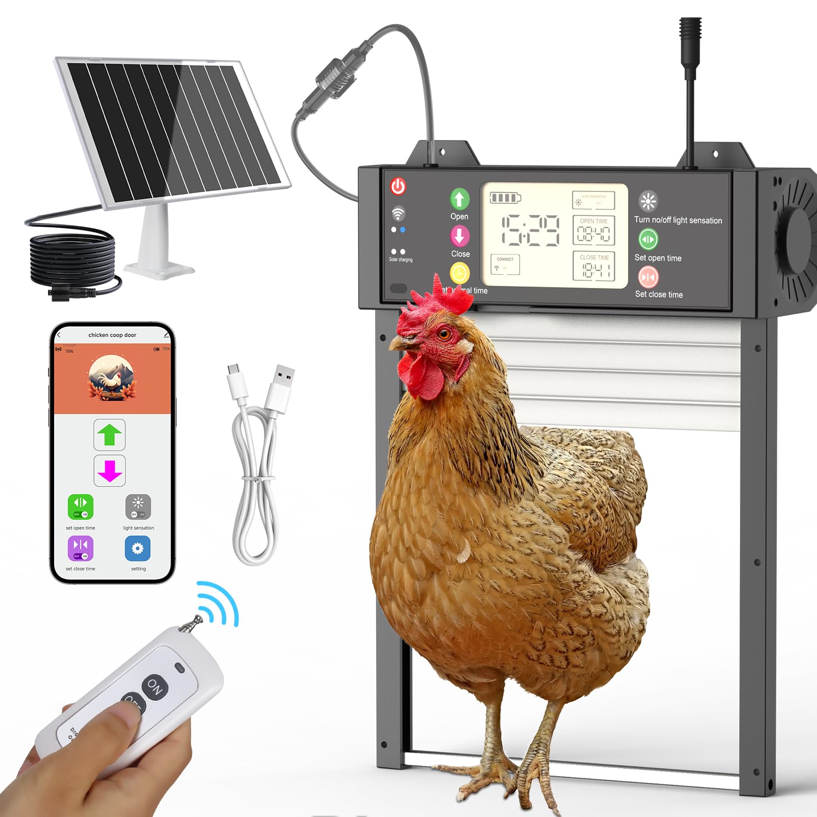 Gallinero automático solar con control por aplicación WiFi, puerta eléctrica automática con batería de 4000 mAh, temporizador, sensor de luz, protección contra pellizcos, pantalla LCD para gallinero
