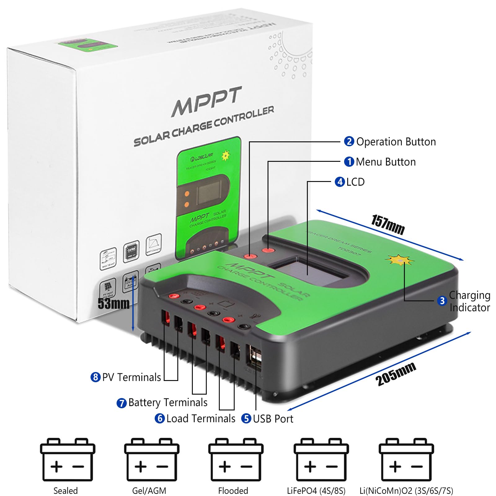 Regolatore di carica solare MPPT 12V/24V (WiFi) con display LCD, supporta controllo APP, regolatore di carica MPPT per batterie AGM/Gel al piombo-acido, Li-Ioni/LFP al litio (30A)