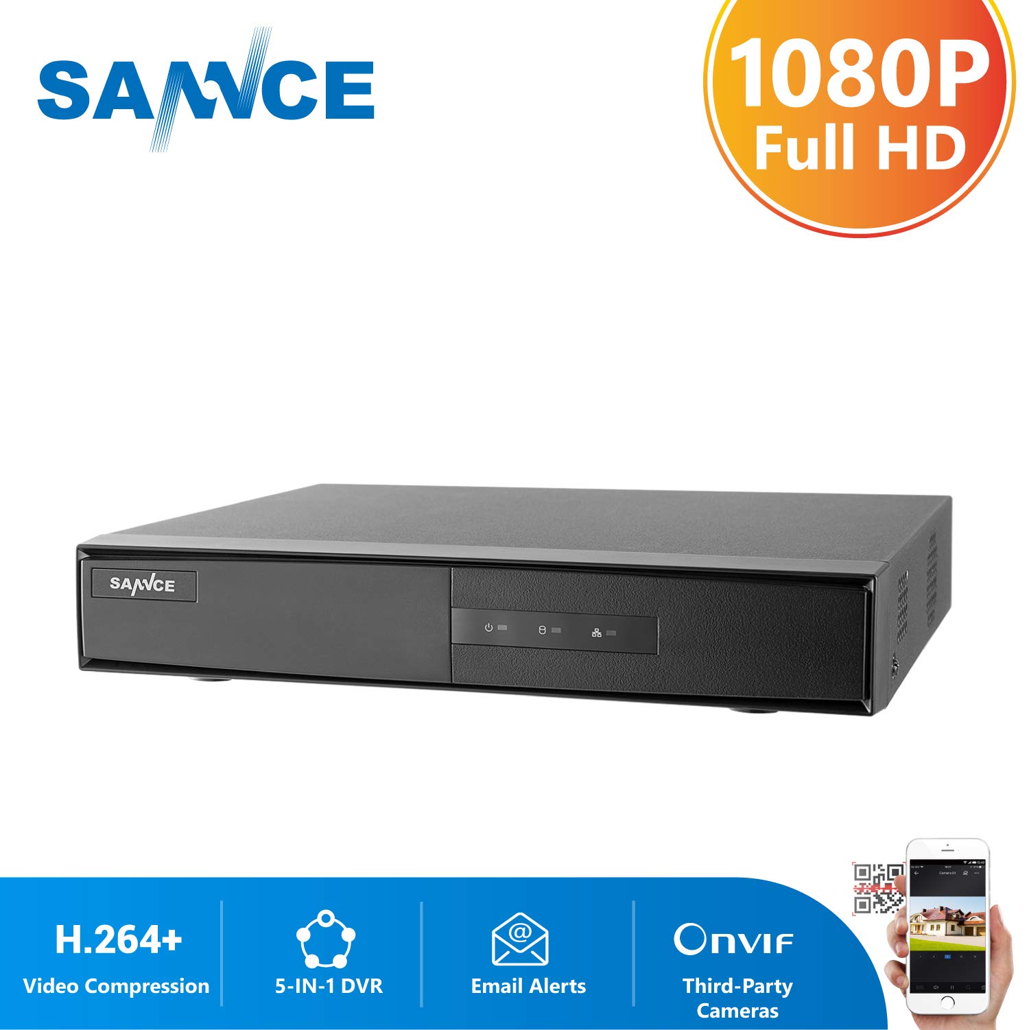 SANNCE DVR 8CH 1080P para Sistema de Vigilancia 5-en-1 H.264+ Kit de Seguridad Grabador de Video Detección Movimiento, Alarma Email-sin Disco Duro