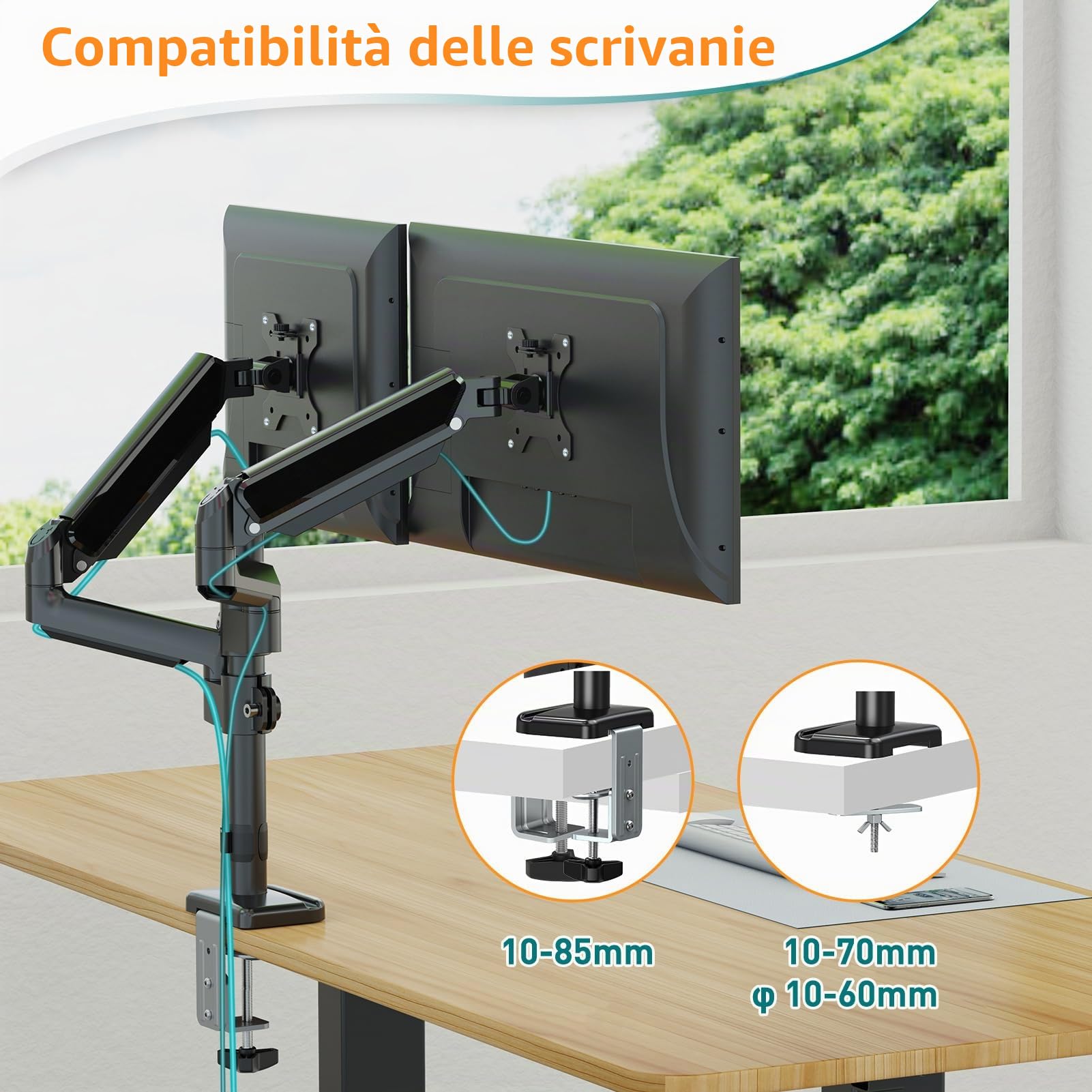 ELIVED Supporto per monitor 2 monitor per schermi da 13 a 32 pollici con VESA 75/100, molla a gas 2 supporti per monitor, girevole a 360°, 9 kg, altezza regolabile braccio monitor EV6032