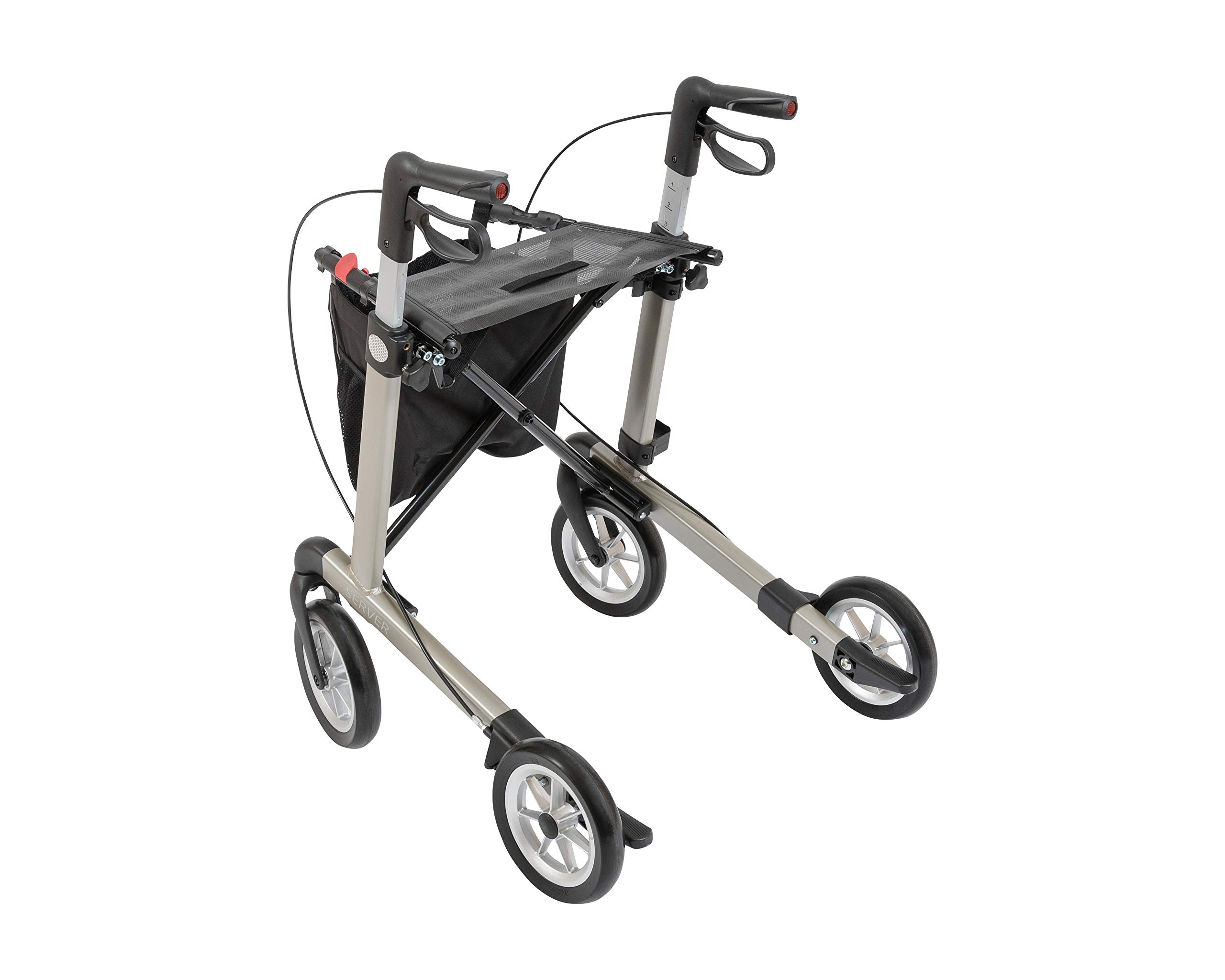 Rehasense Server Leichtgewicht-Rollator - Faltbarer Aluminium Walker bis 150 kg mit Einkaufstasche und Ankipphilfe, Größe L, Champagner