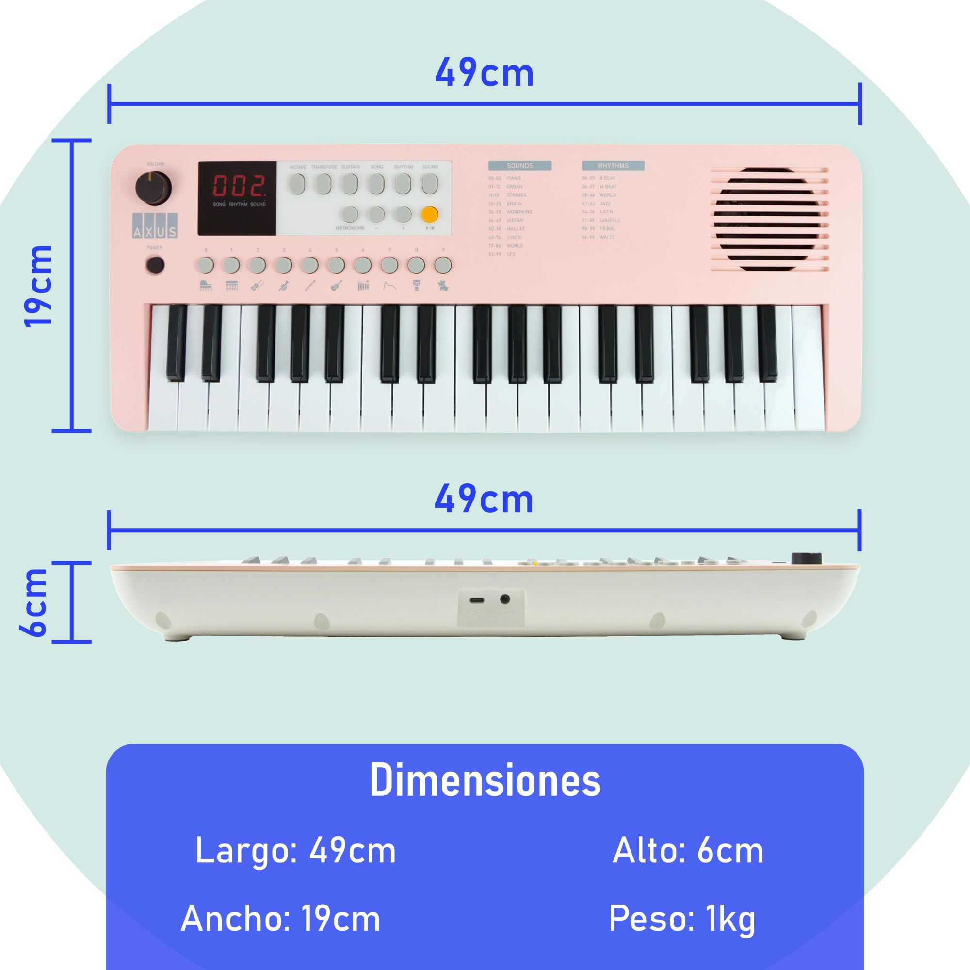 Axus 37 Mini Teclado Portátil En Color Rosa Atardecer: Divertido Piano Eléctrico Para Principiantes, USB-C O Alimentación Por Batería
