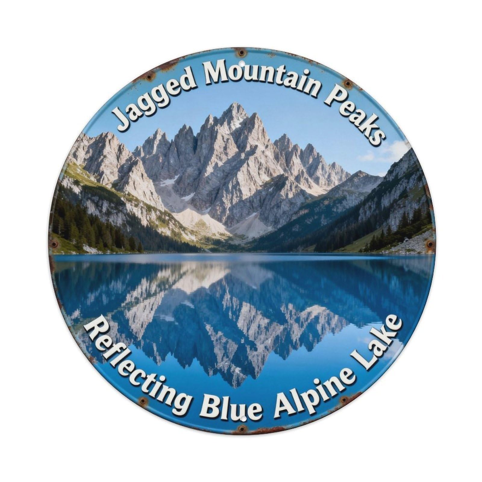 Jagged Mountain Peaks Reflecting Blue Alpine Lake Metal Tin Sign Plaque
