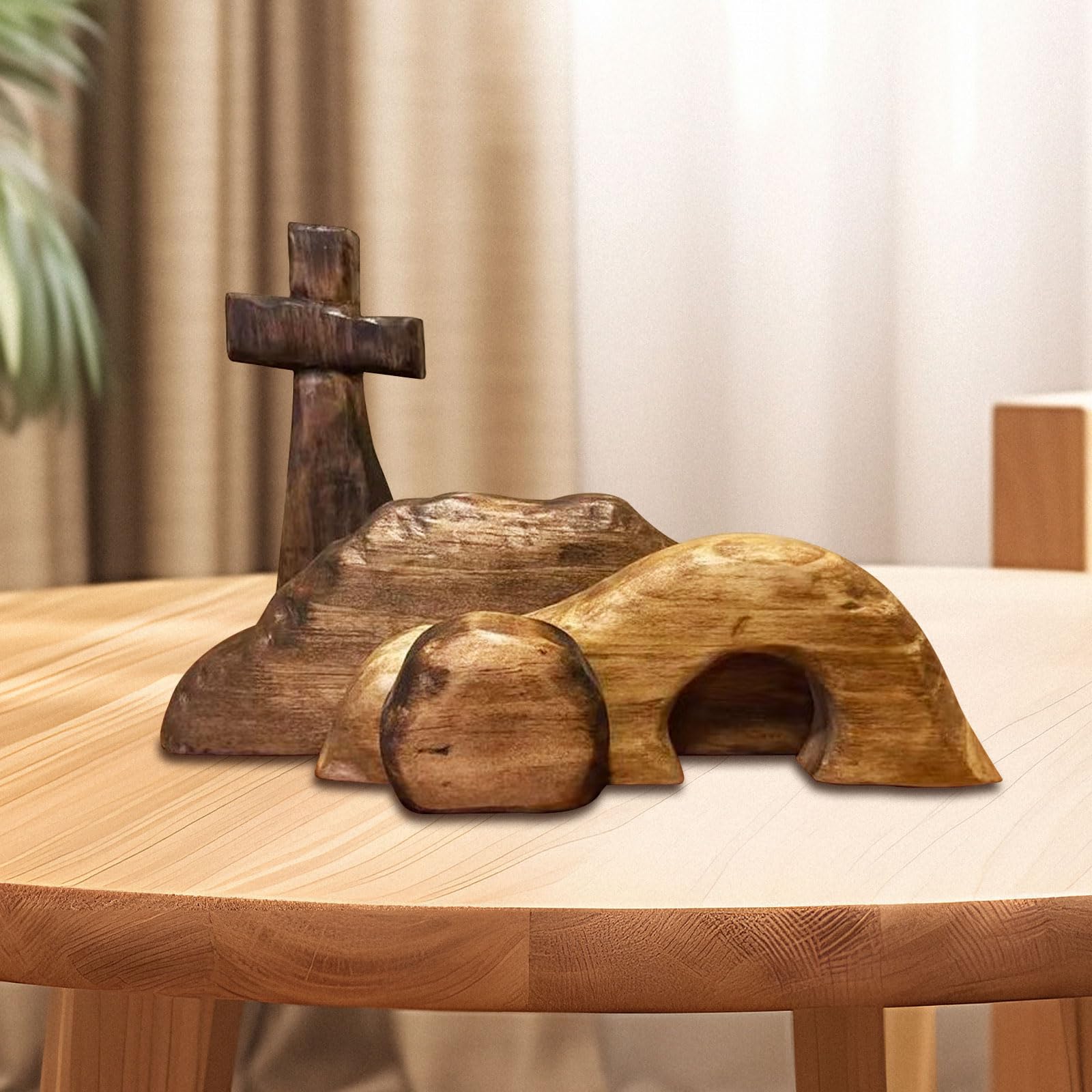 GGXDH Osterkrippe Holz Osterszene Dekoration, Handgefertigte Jesus Krippe Holzkreuz Osterfigur Auferstehungs Szenen Set, Ostern Jesus Schild Etagere Tablett Dekorationen für Zuhause Tischplatte Büro