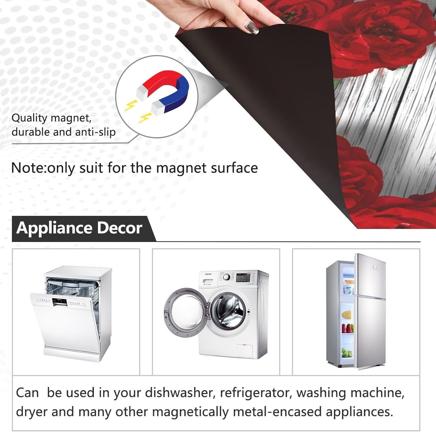 Dishwasher Magnet Cover Large Magnetic Stickers Home Rose Front Dishwasher Cover Reusable Decal for Home Kitchen Refrigerator Decorative Lid Washing Machine Laundry