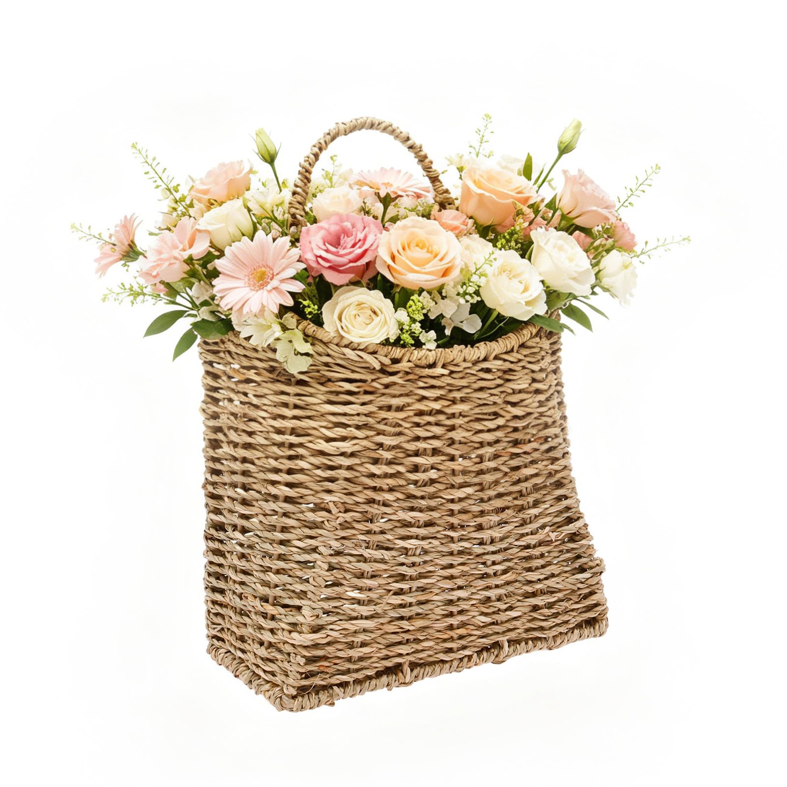 Sesaver Handcrafted Seagrass Hanging,Hanging Wall Basket with Handle Front Door Woven Rattan Wall Basket for Flower Plant Rustic Home Decor Office and Hotel Storage