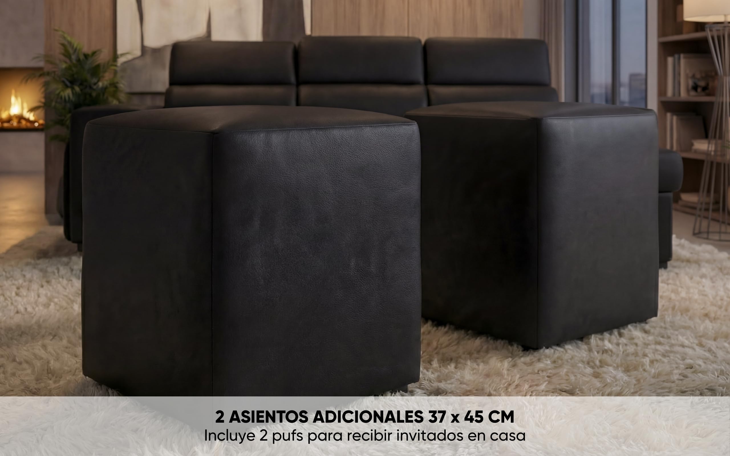 BUDWING John Sofá Cama Esquinero 4 Plazas - Chaise Longue Reversible, Reposacabezas Ajustable y 2 Pufs – Tapizado en Poliuretano – Estilo Moderno – 263x161x96 cm – Negro