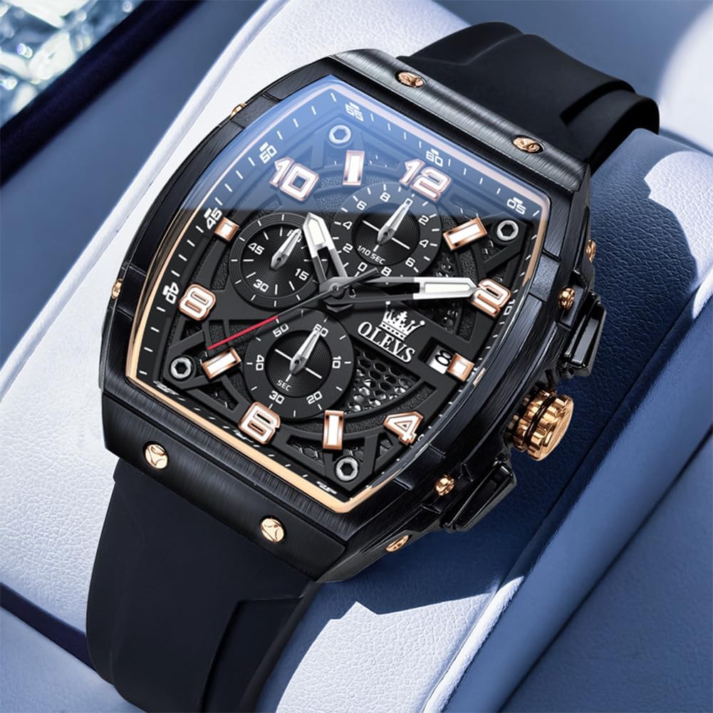 OLEVS Watch Men Luxury Large Face Black Mens Wrist Watches Silicone Square Multifunctional Dress Waterproof Chronograph Analog Quartz Gold Rectangle Relojes para Hombres