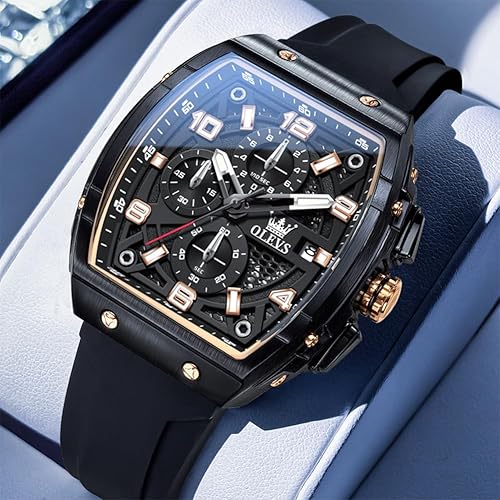 Miniatura 3 de OLEVS Reloj para hombre de lujo de cara grande negro relojes de pulsera de silicona cuadrado multifuncional vestido impermeable cronógrafo analógico