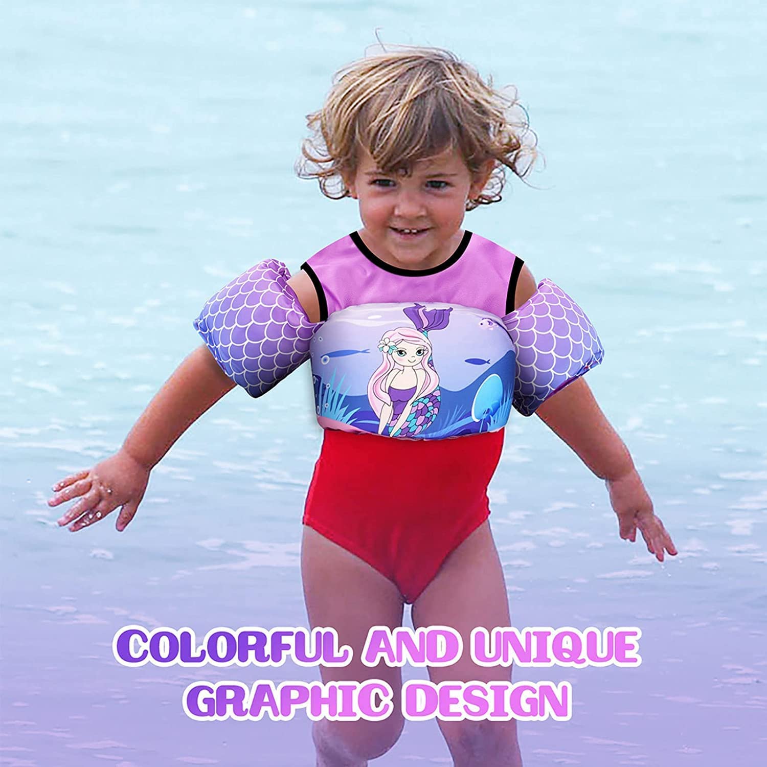 Cute Printed Cool Beach/Pool Party Float Arm Bands Swimming Training Vest Life Jacket for Baby Girls from 2 to 6 Years 22 to 55 lbs (Pack of 1, Pink) (Yellow) 2